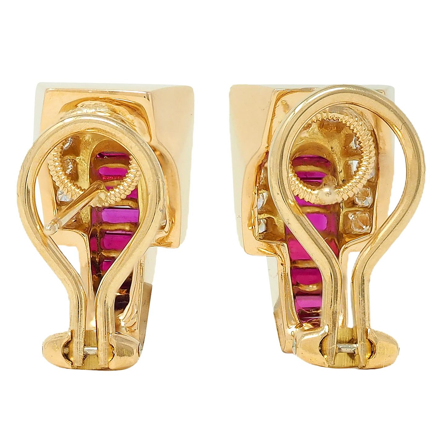 1980's 2.30 CTW Ruby Diamond 18 Karat Yellow Gold Vintage J-Hoop Earrings