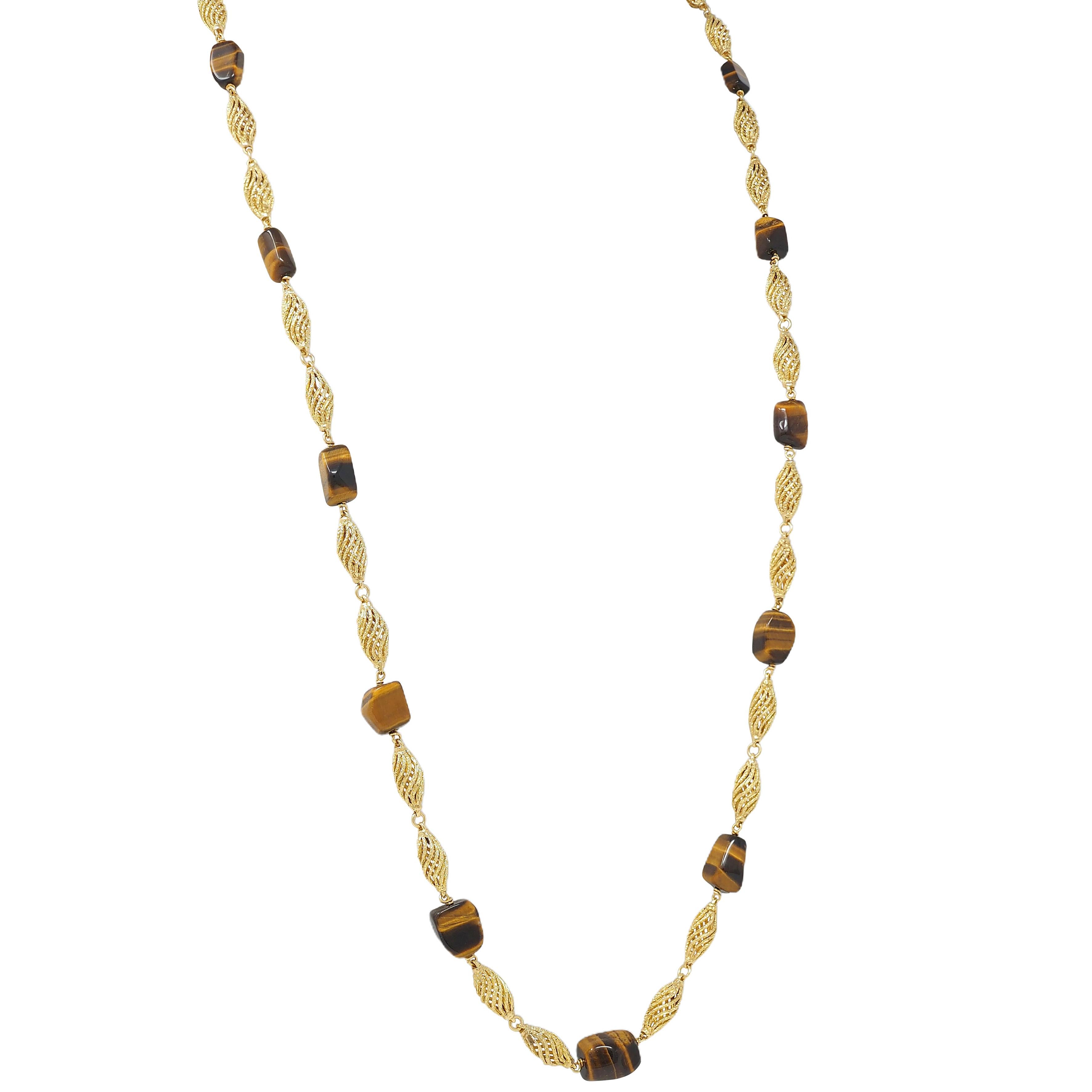 1970's Tiger's Eye Quartz 18 Karat Yellow Gold Vintage Beaded Station Chain Neck