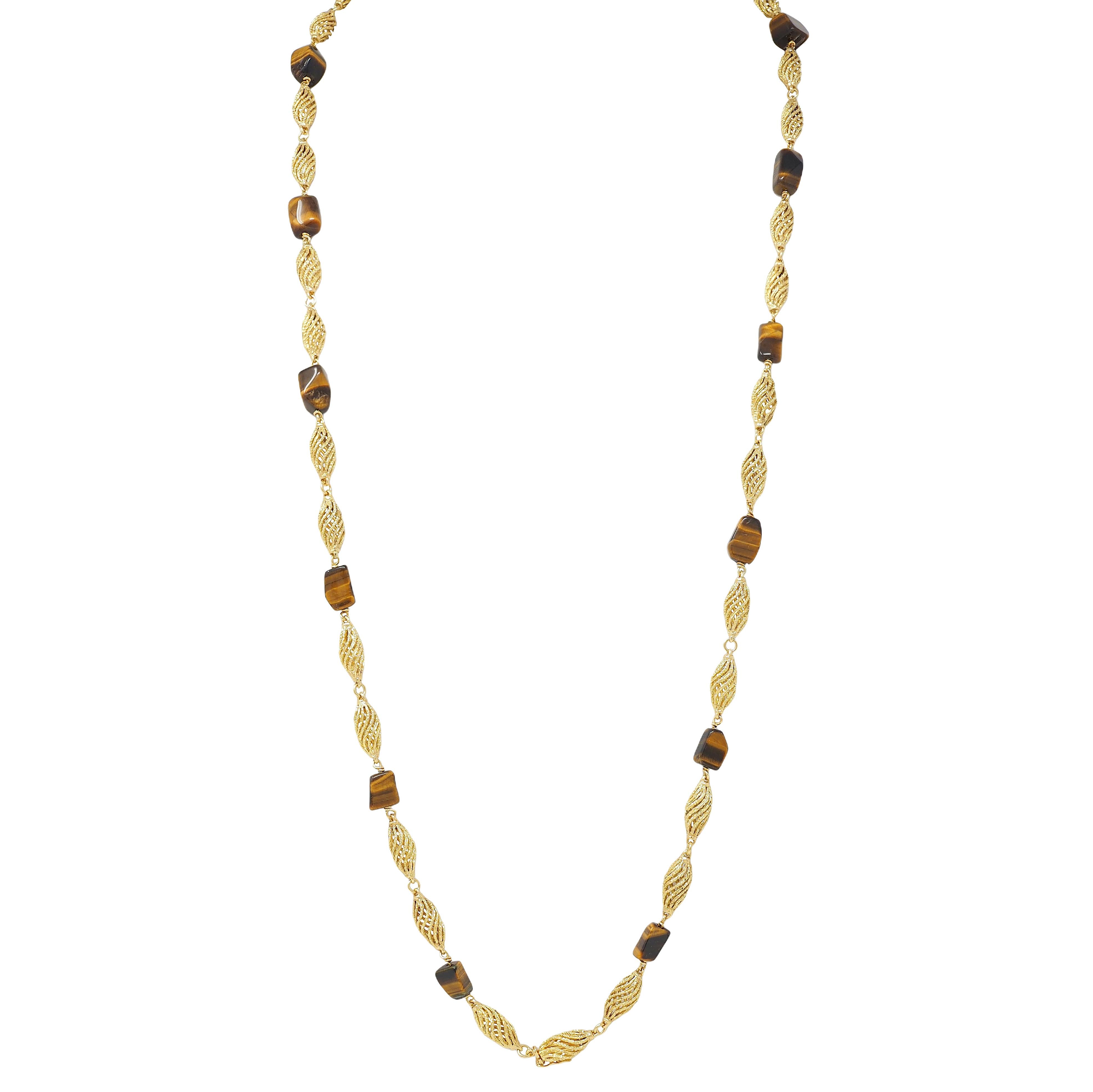 1970's Tiger's Eye Quartz 18 Karat Yellow Gold Vintage Beaded Station Chain Neck