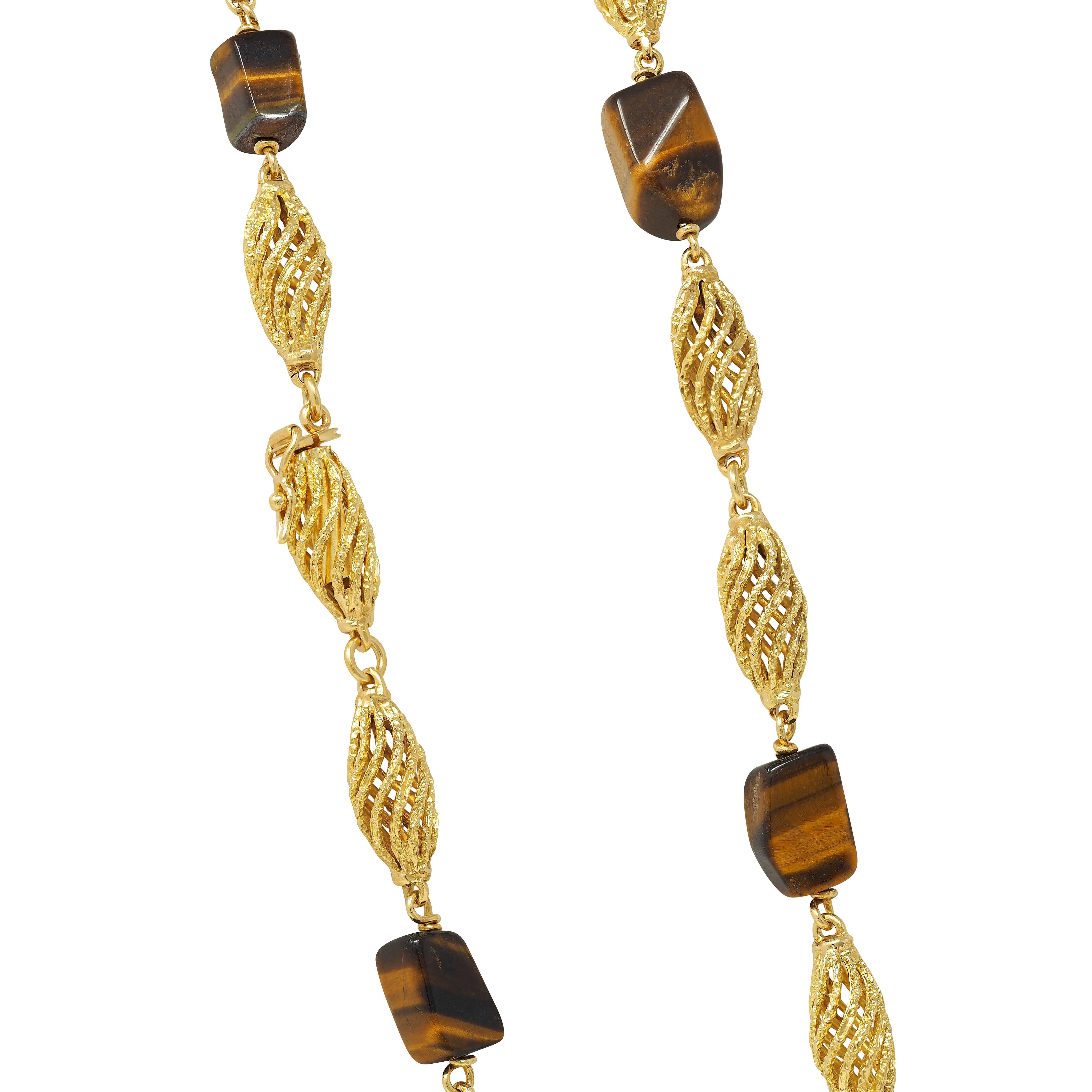 1970's Tiger's Eye Quartz 18 Karat Yellow Gold Vintage Beaded Station Chain Neck