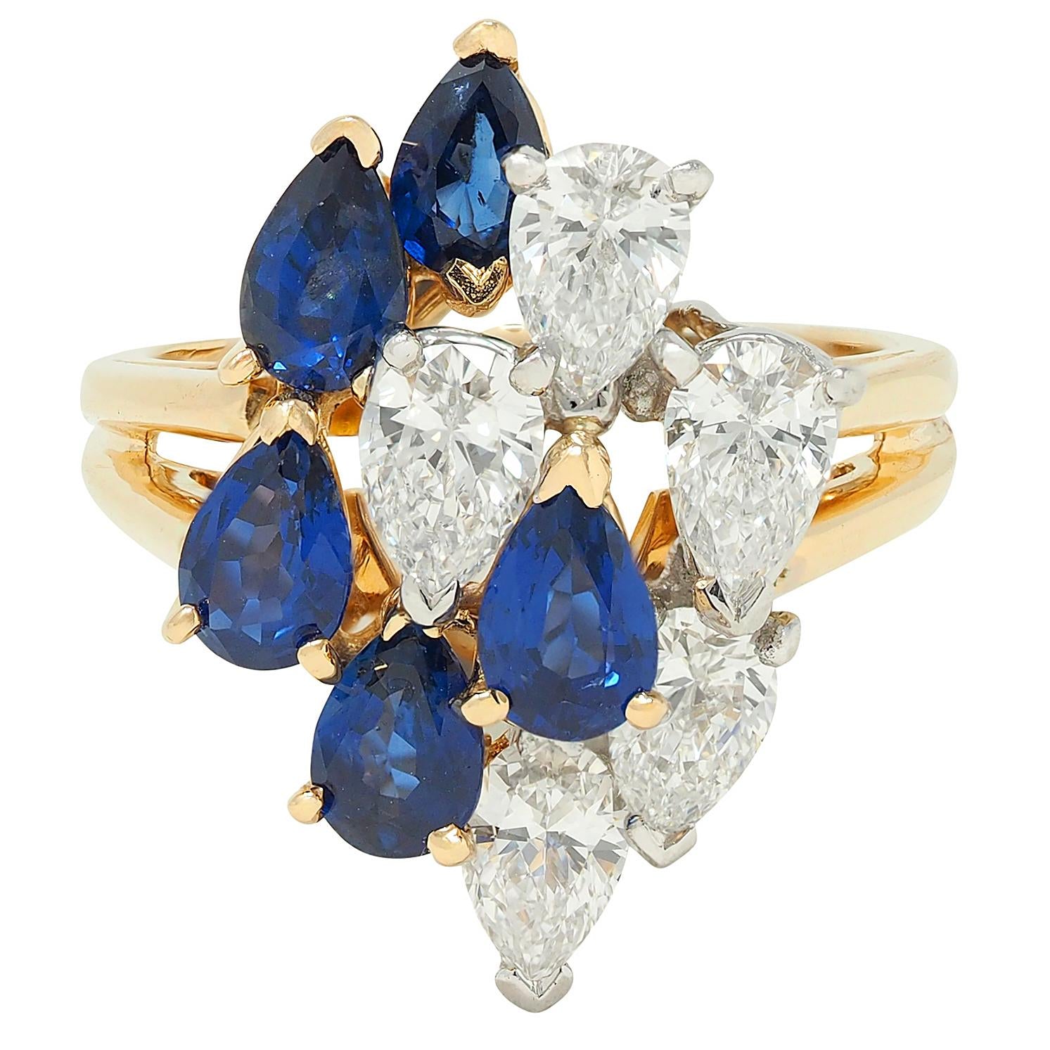 3.50 CTW Sapphire Diamond Platinum 18 Karat Gold Vintage Cluster Cocktail Ring