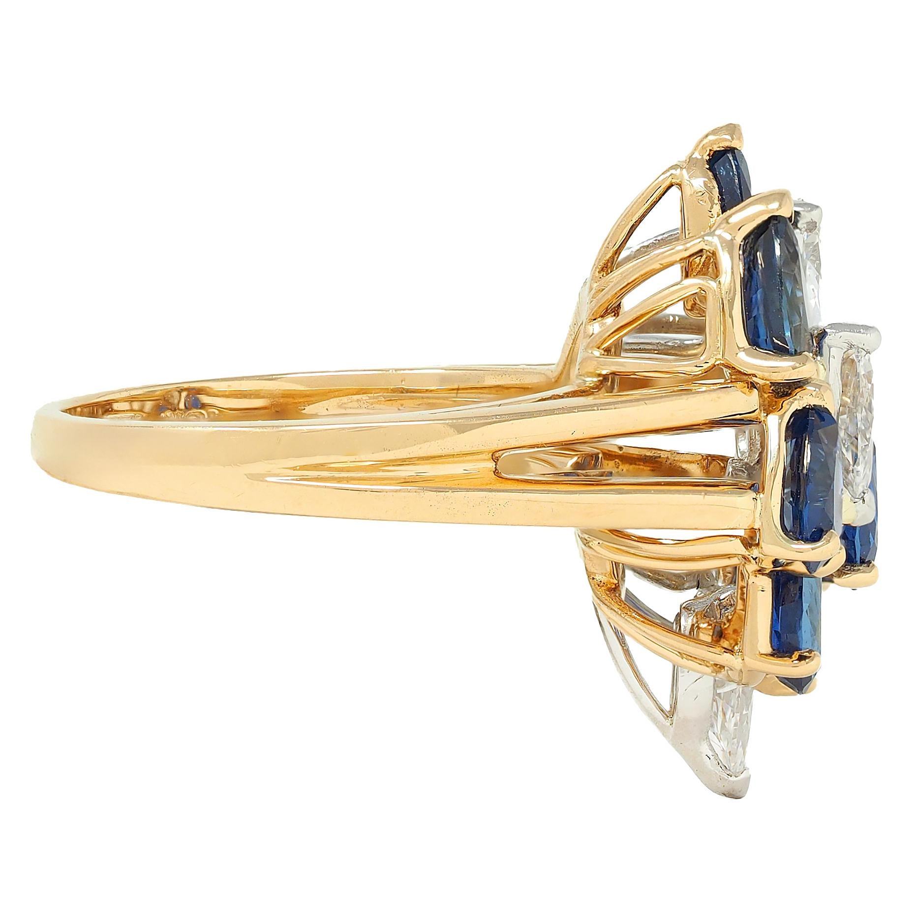 3.50 CTW Sapphire Diamond Platinum 18 Karat Gold Vintage Cluster Cocktail Ring