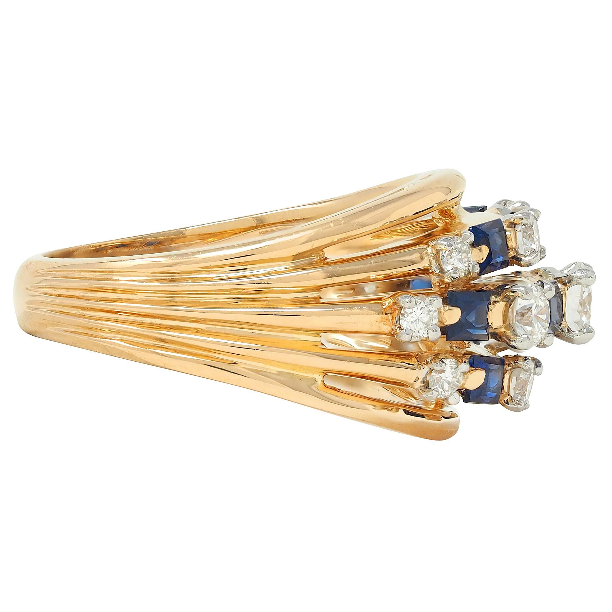 Oscar Heyman Vintage Sapphire Diamond 18 Karat Yellow Gold Domed Cocktail Ring