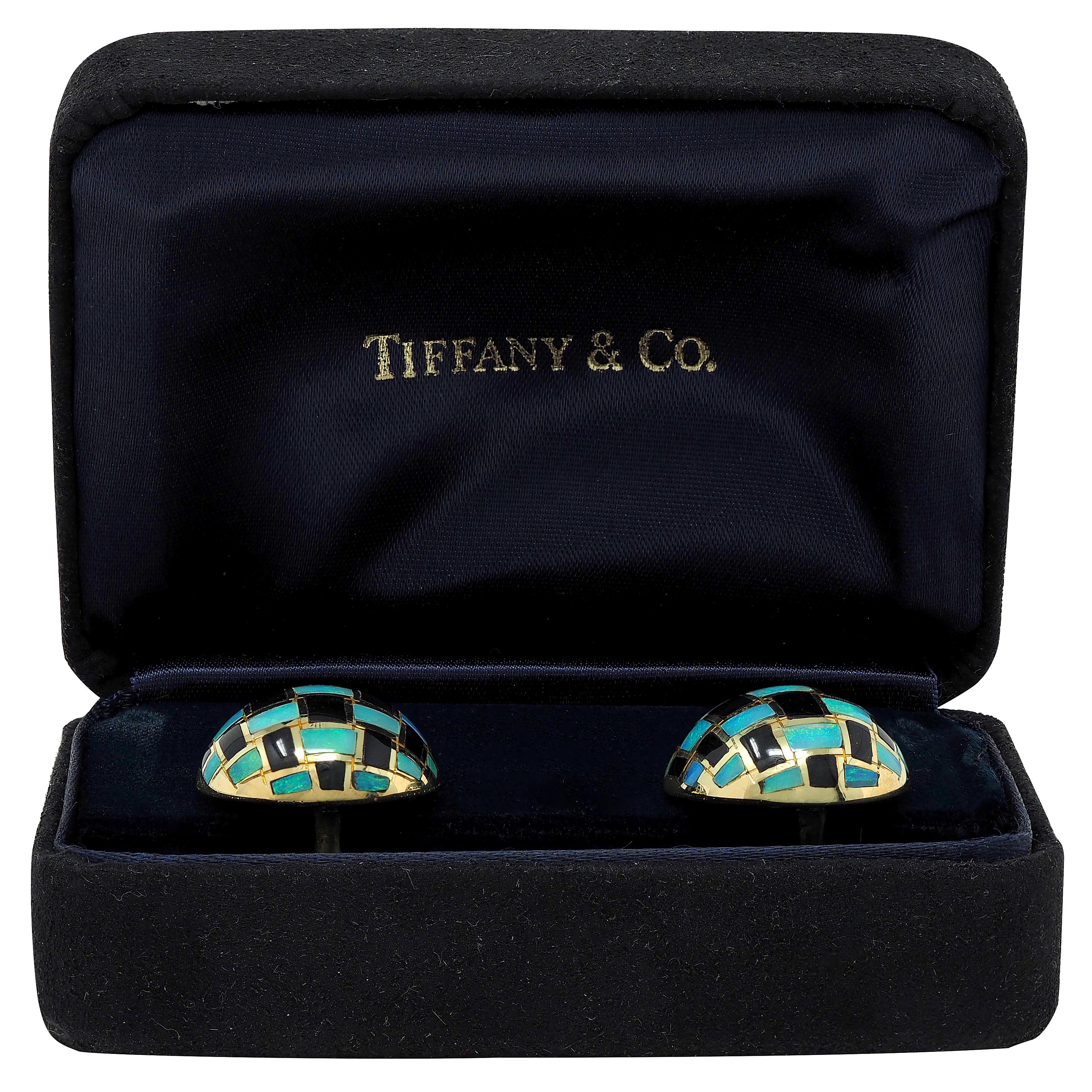 Tiffany & Co. 1980's Opal Onyx Inlay 18K Gold Vintage Checkerboard Earrings