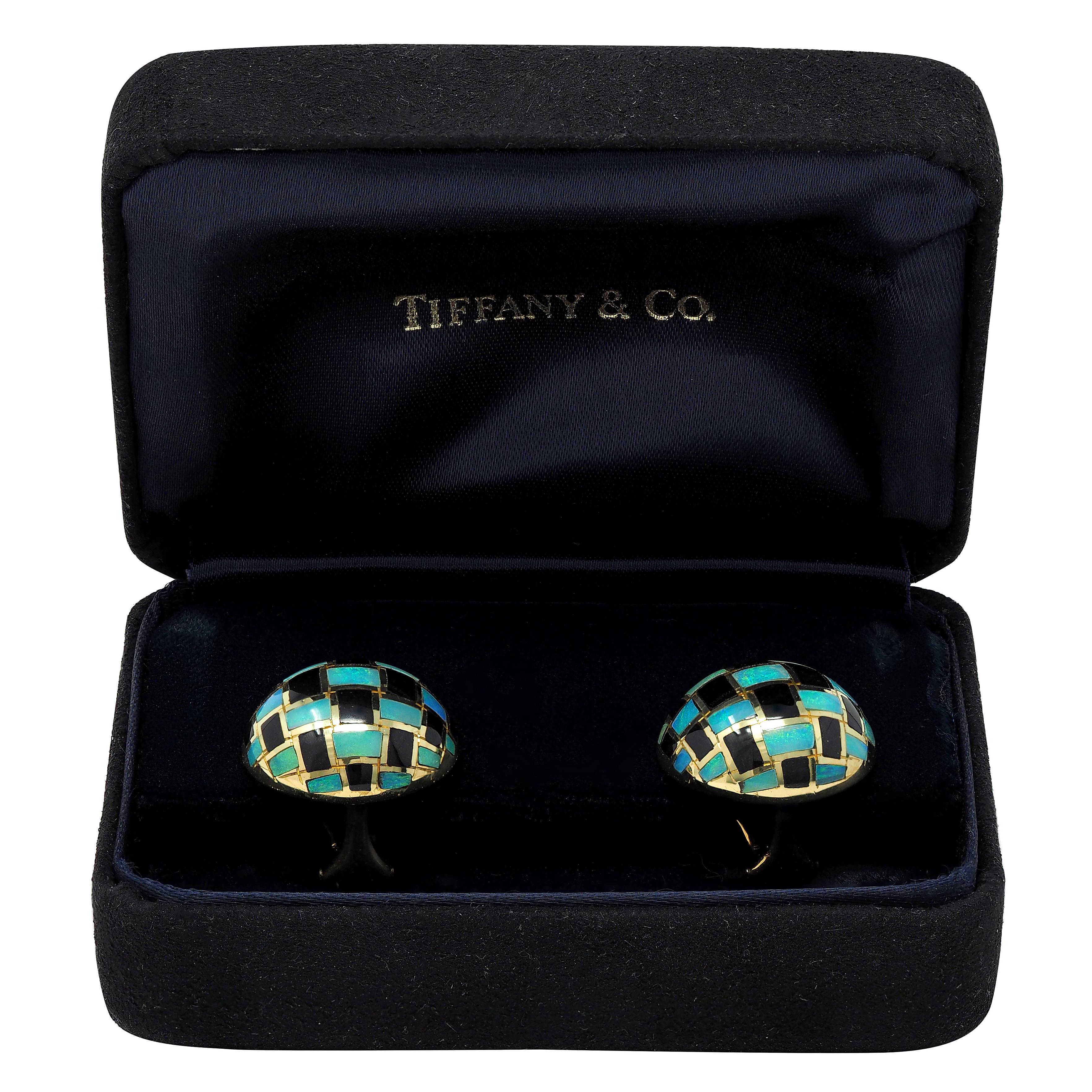 Tiffany & Co. 1980's Opal Onyx Inlay 18K Gold Vintage Checkerboard Earrings