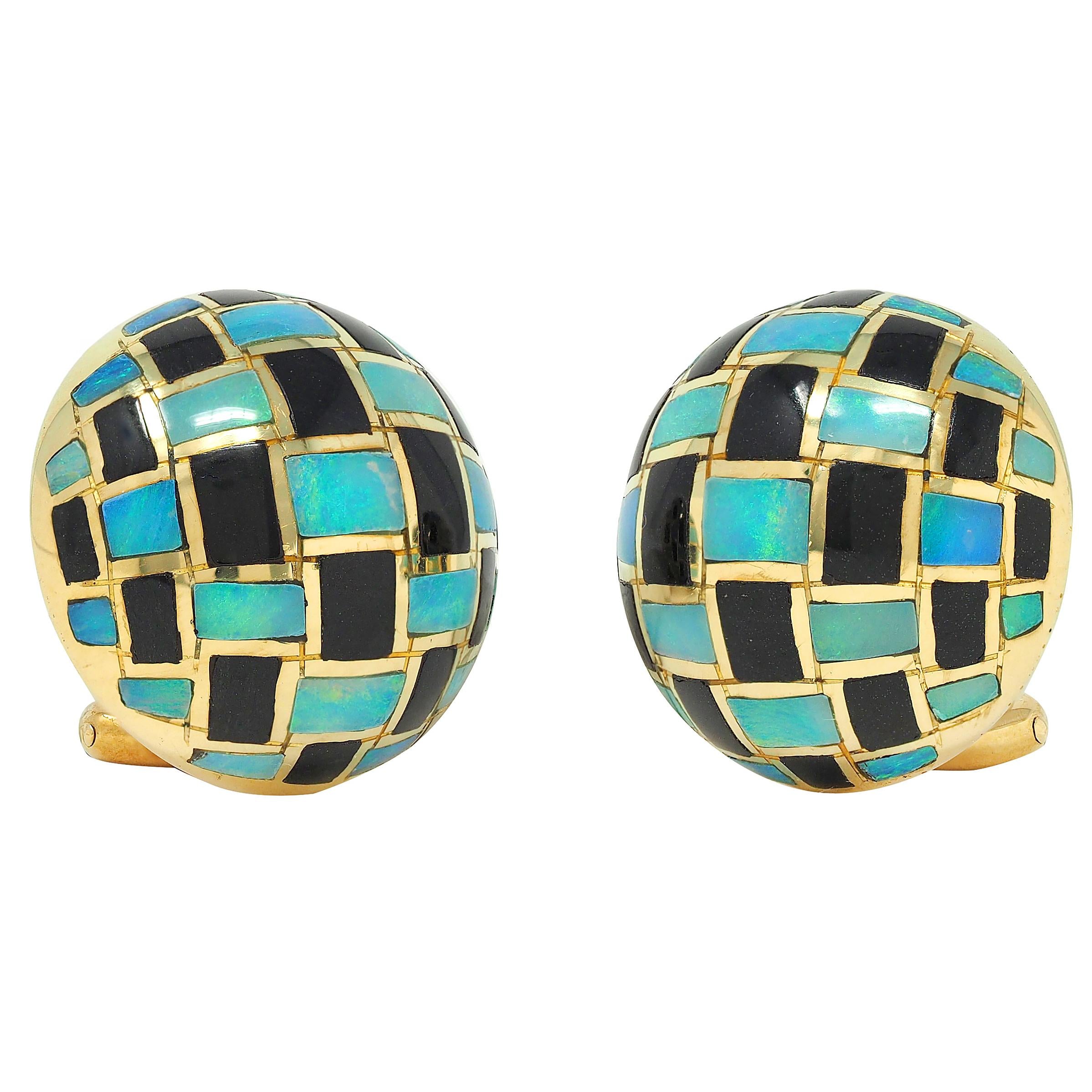 Tiffany & Co. 1980's Opal Onyx Inlay 18K Gold Vintage Checkerboard Earrings