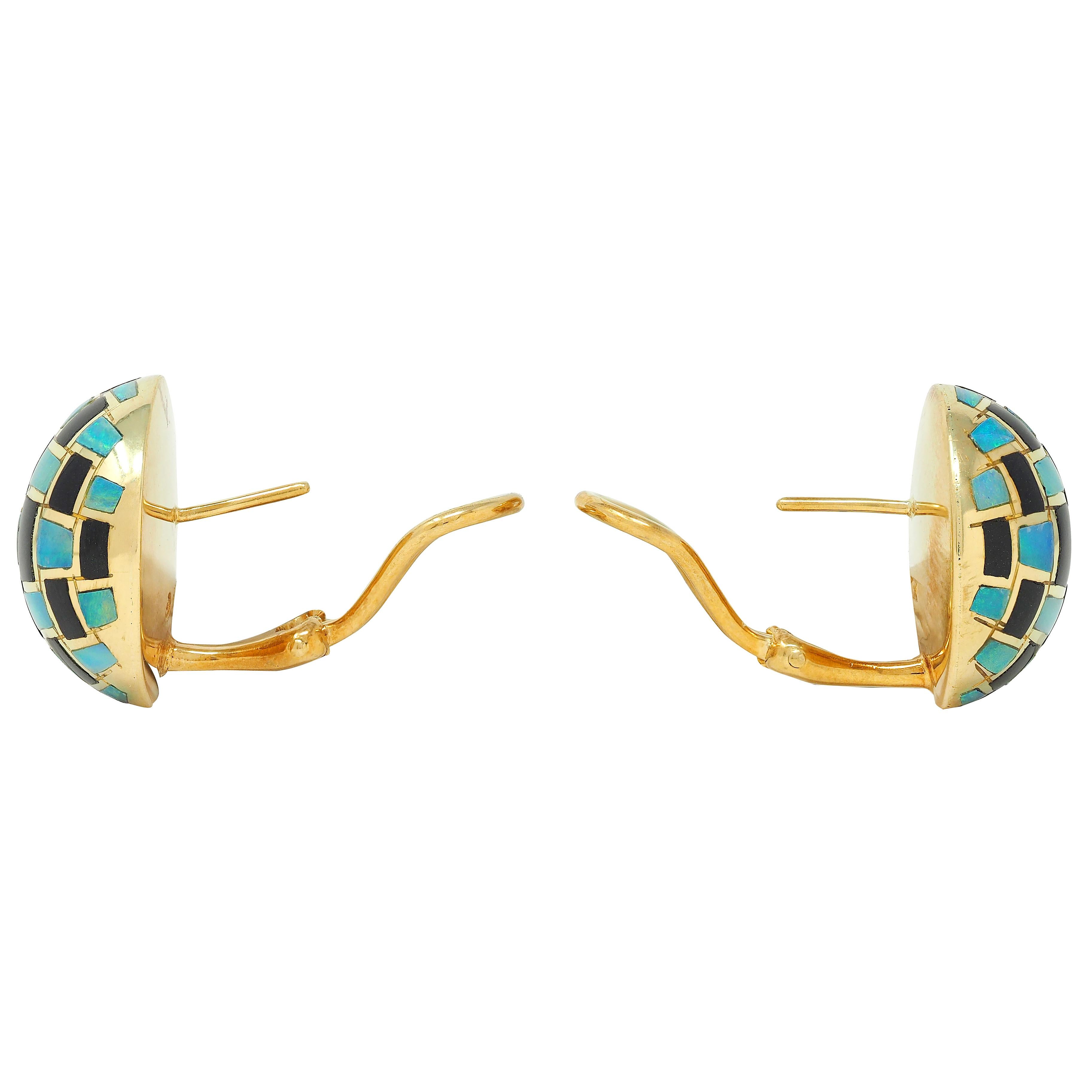 Tiffany & Co. 1980's Opal Onyx Inlay 18K Gold Vintage Checkerboard Earrings