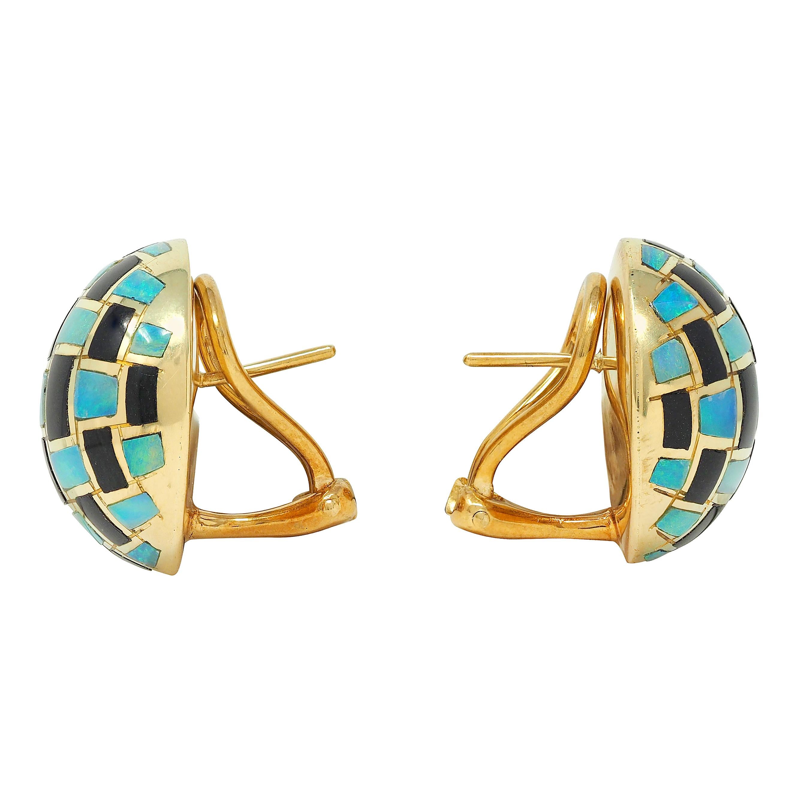 Tiffany & Co. 1980's Opal Onyx Inlay 18K Gold Vintage Checkerboard Earrings