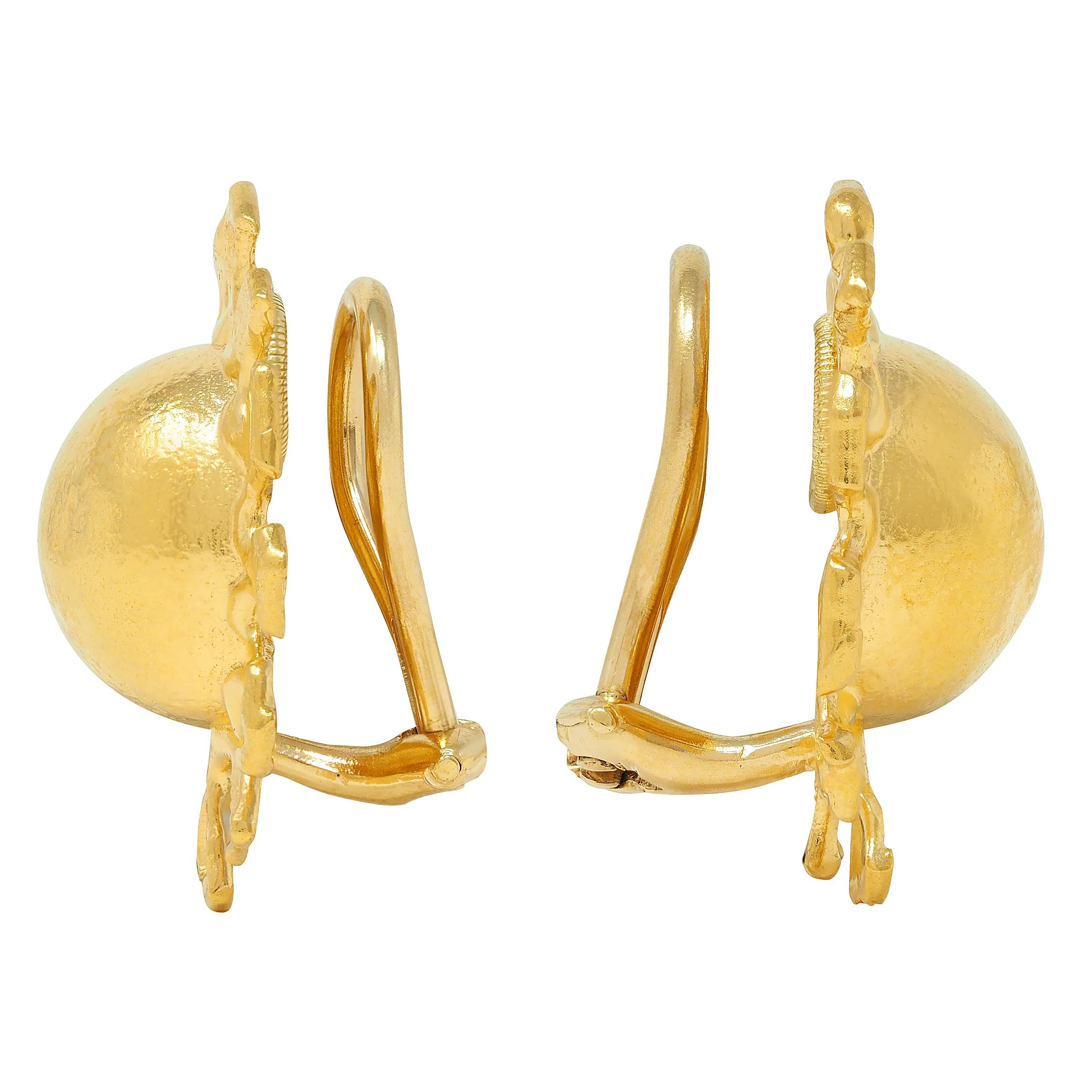 Jean Mahie 1990's 22 Karat Yellow Gold Domed Burst Ear-Clip Earrings