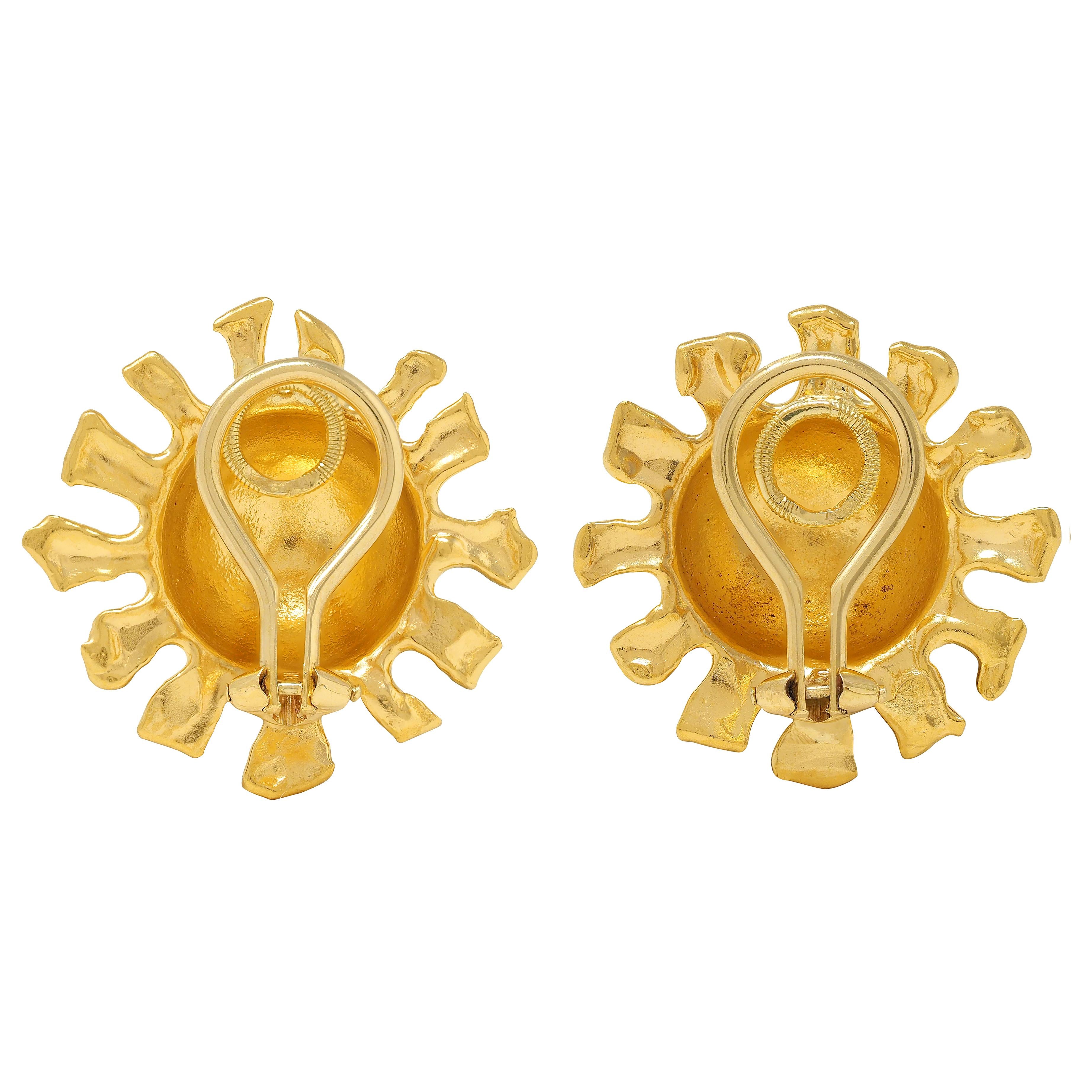 Jean Mahie 1990's 22 Karat Yellow Gold Domed Burst Ear-Clip Earrings