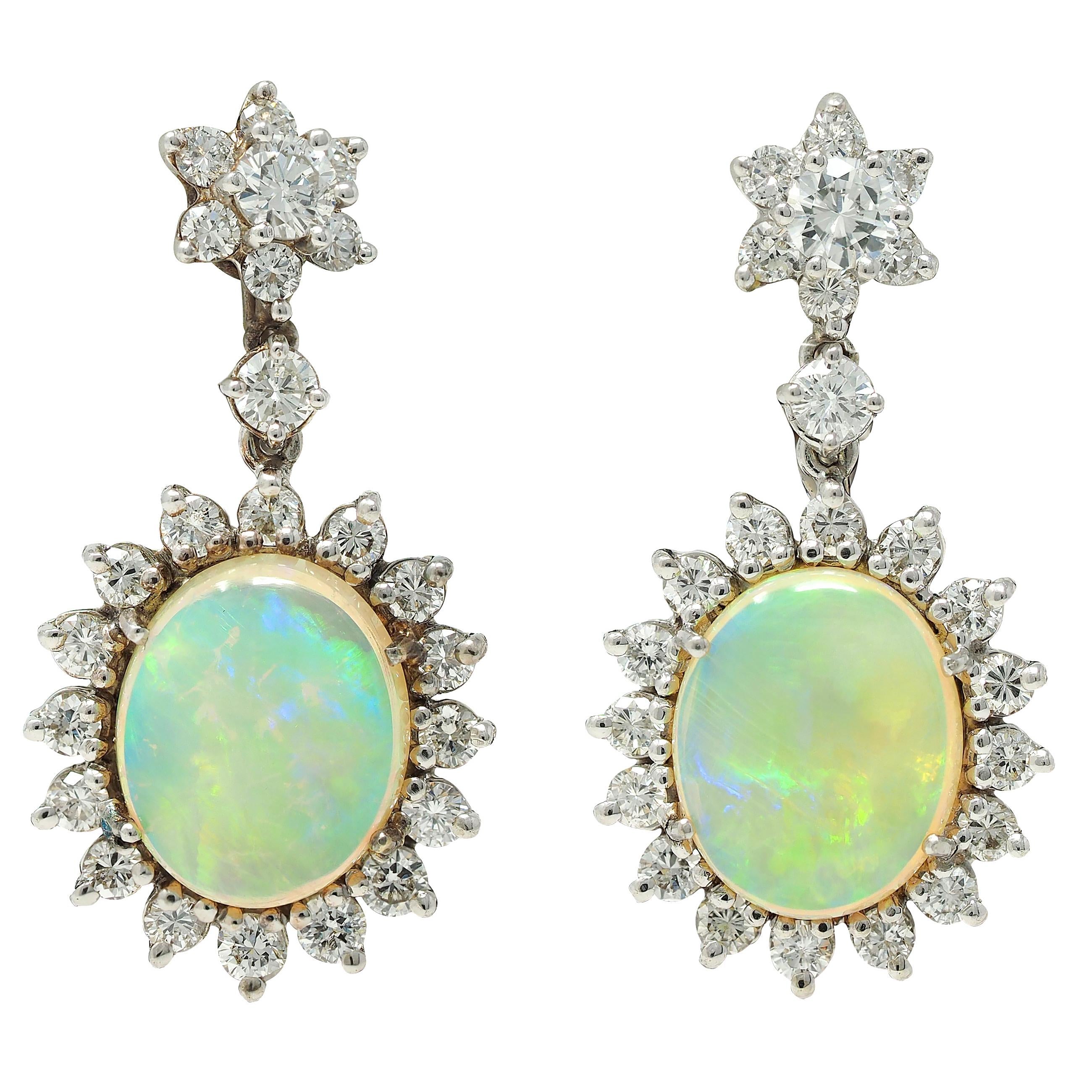 Mid-Century Jelly Opal Diamond 14 Karat White Gold Vintage Halo Drop Earrings
