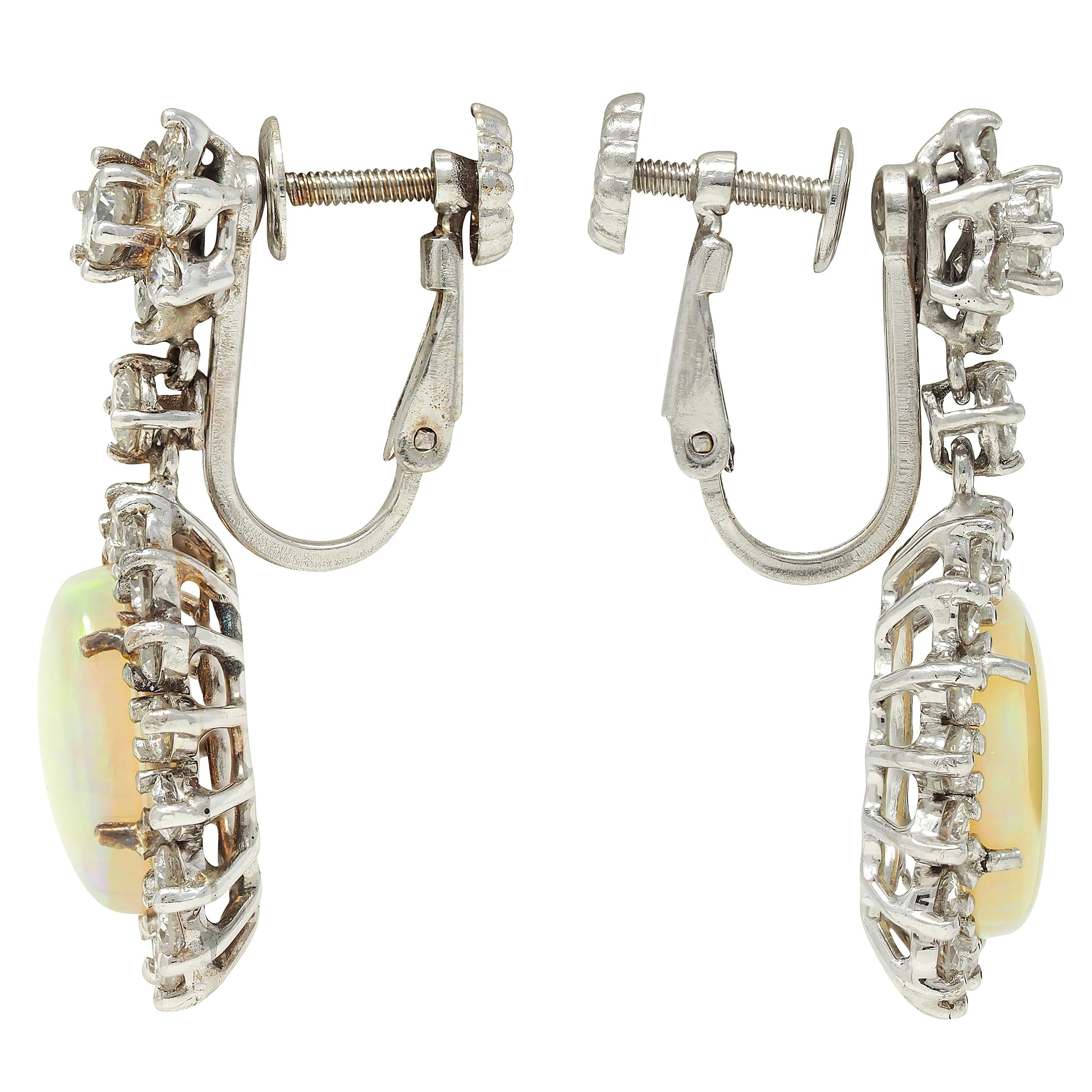 Mid-Century Jelly Opal Diamond 14 Karat White Gold Vintage Halo Drop Earrings