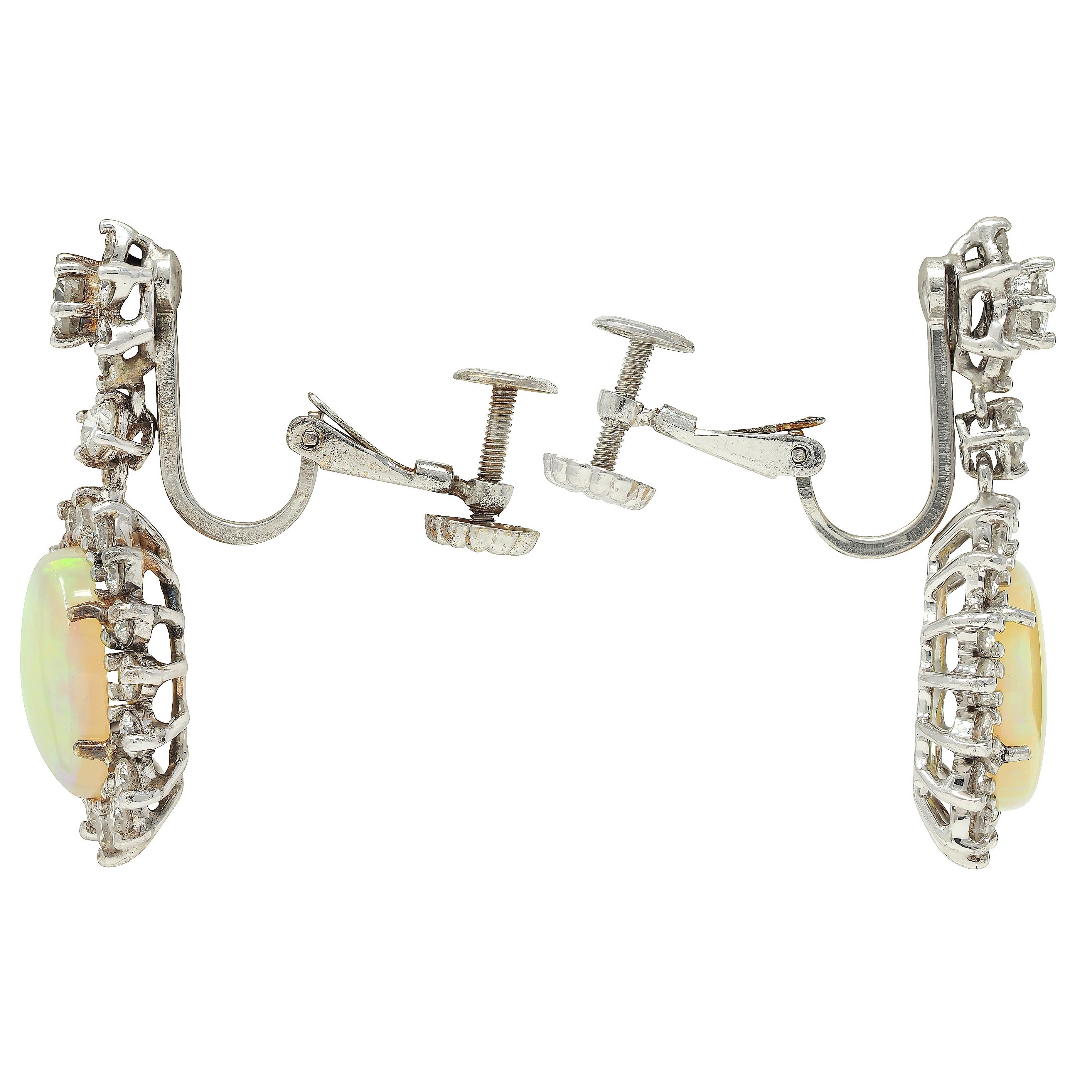 Mid-Century Jelly Opal Diamond 14 Karat White Gold Vintage Halo Drop Earrings