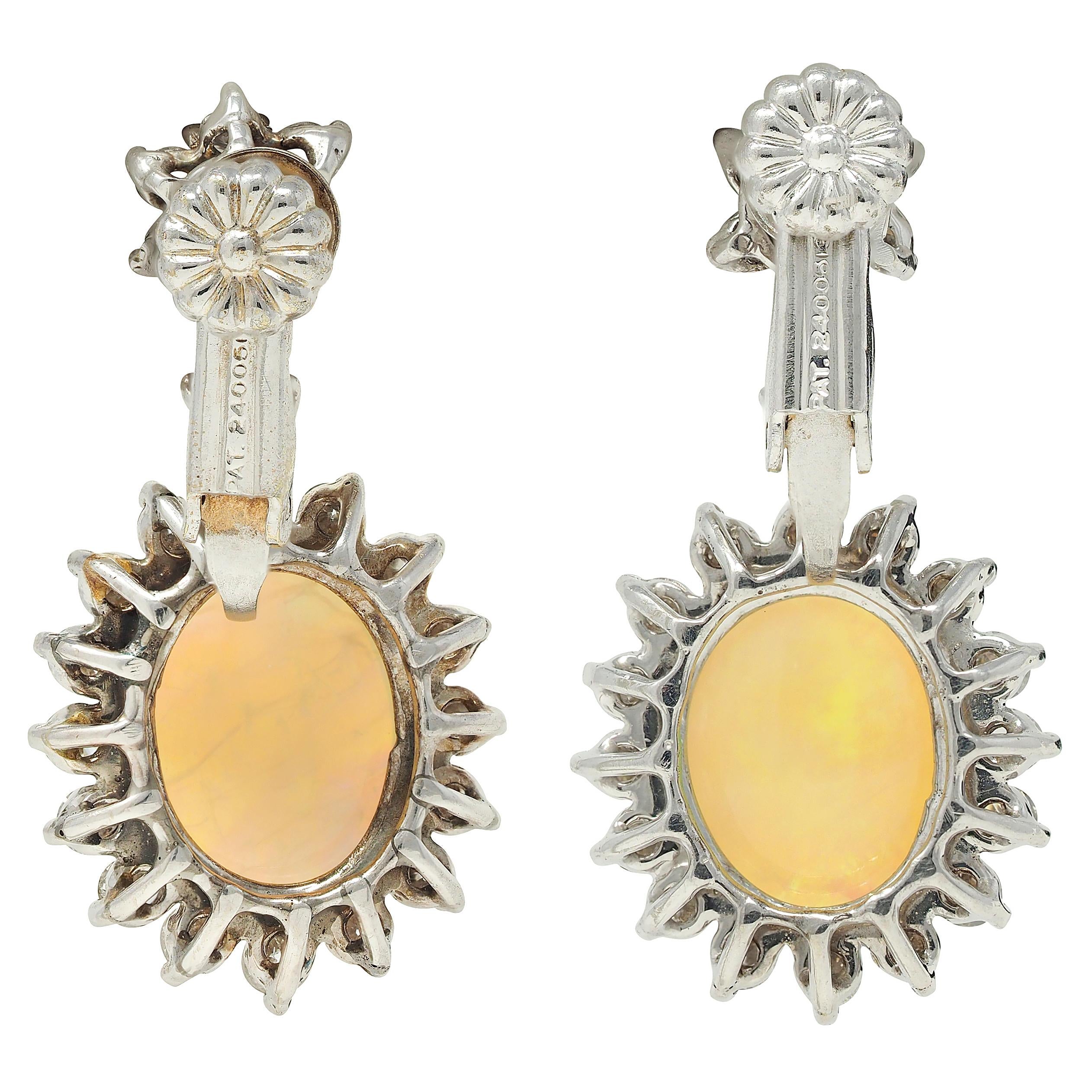 Mid-Century Jelly Opal Diamond 14 Karat White Gold Vintage Halo Drop Earrings