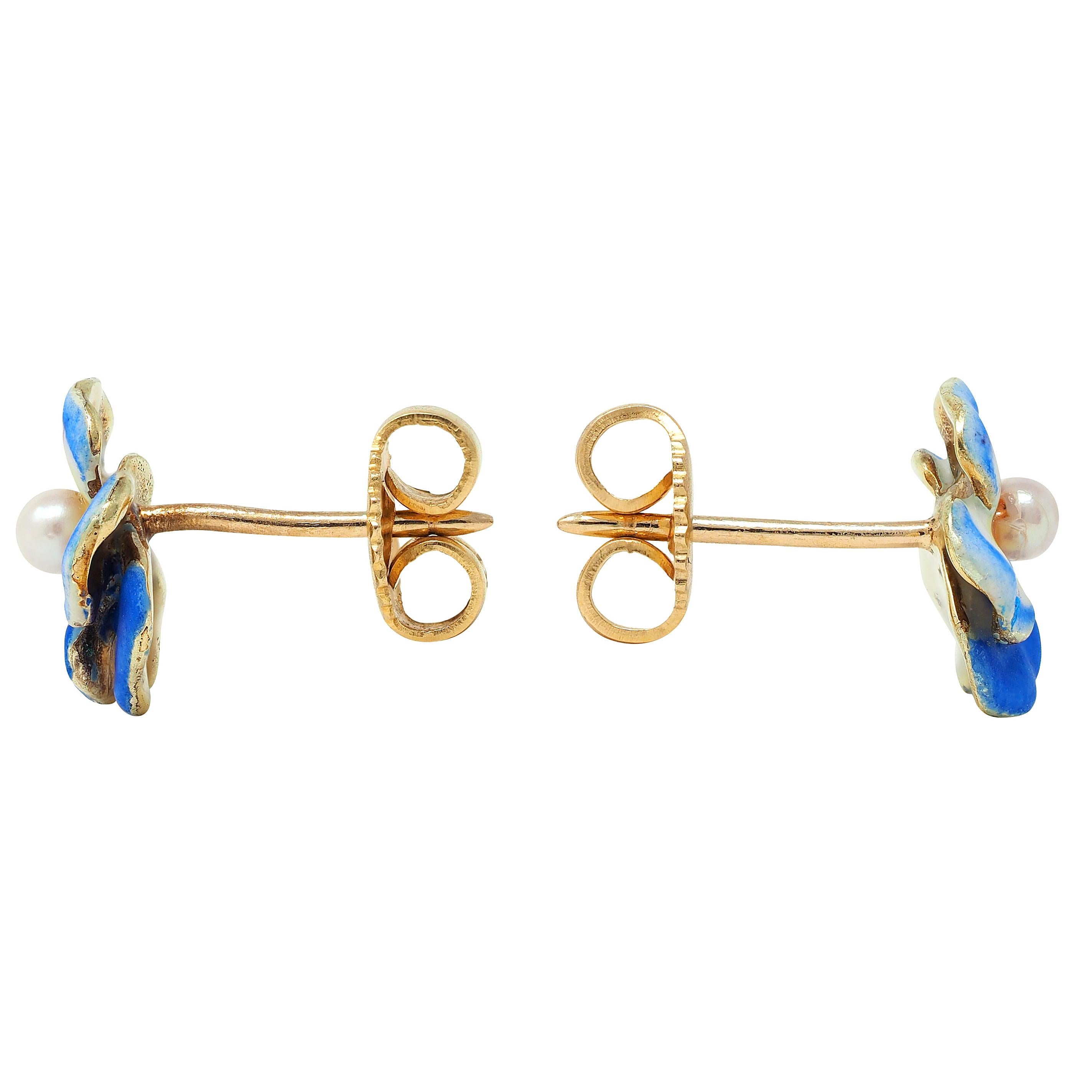 Larter & Sons Art Nouveau Pearl Enamel 14K Gold Antique Blue Pansy Stud Earrings