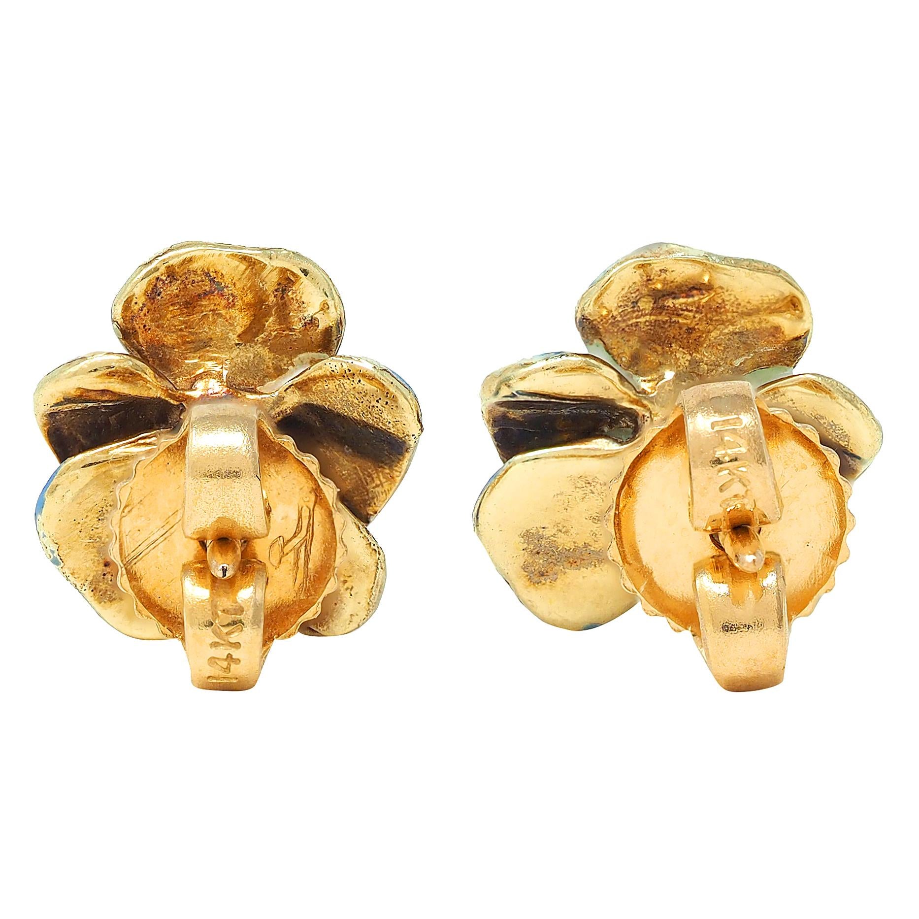 Larter & Sons Art Nouveau Pearl Enamel 14K Gold Antique Blue Pansy Stud Earrings