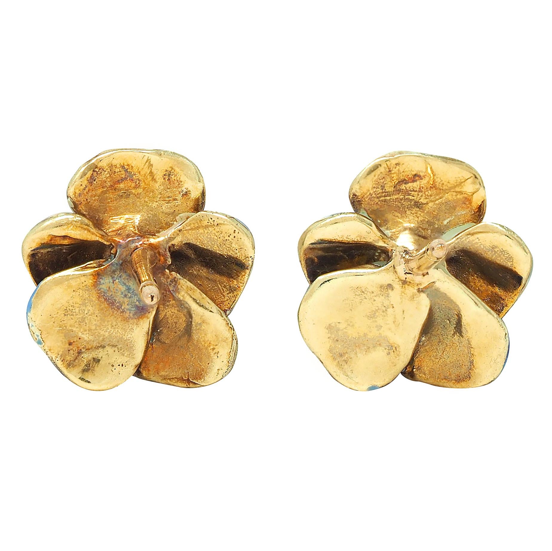 Larter & Sons Art Nouveau Pearl Enamel 14K Gold Antique Blue Pansy Stud Earrings