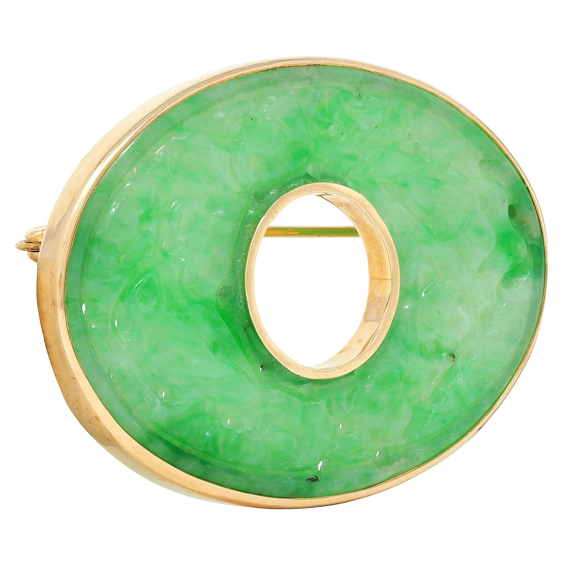 Art Deco Carved Jade 14 Karat Yellow Gold Antique Floral Brooch