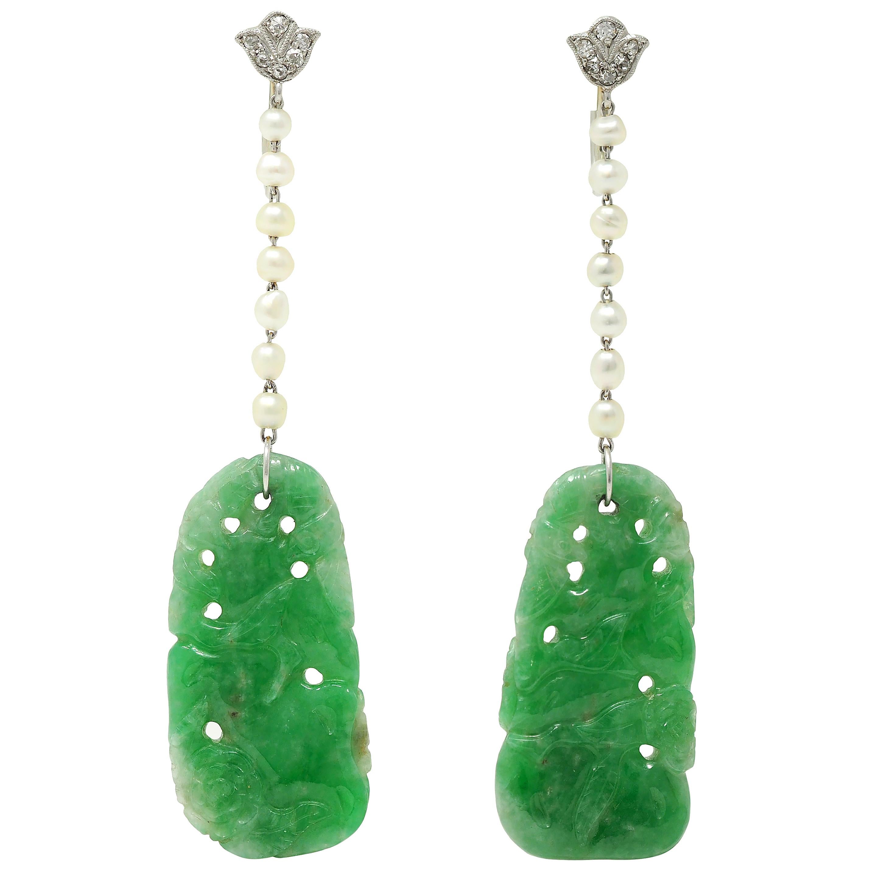Art Deco Diamond Jade Pearl Platinum Vintage Floral Screw-Back Earrings