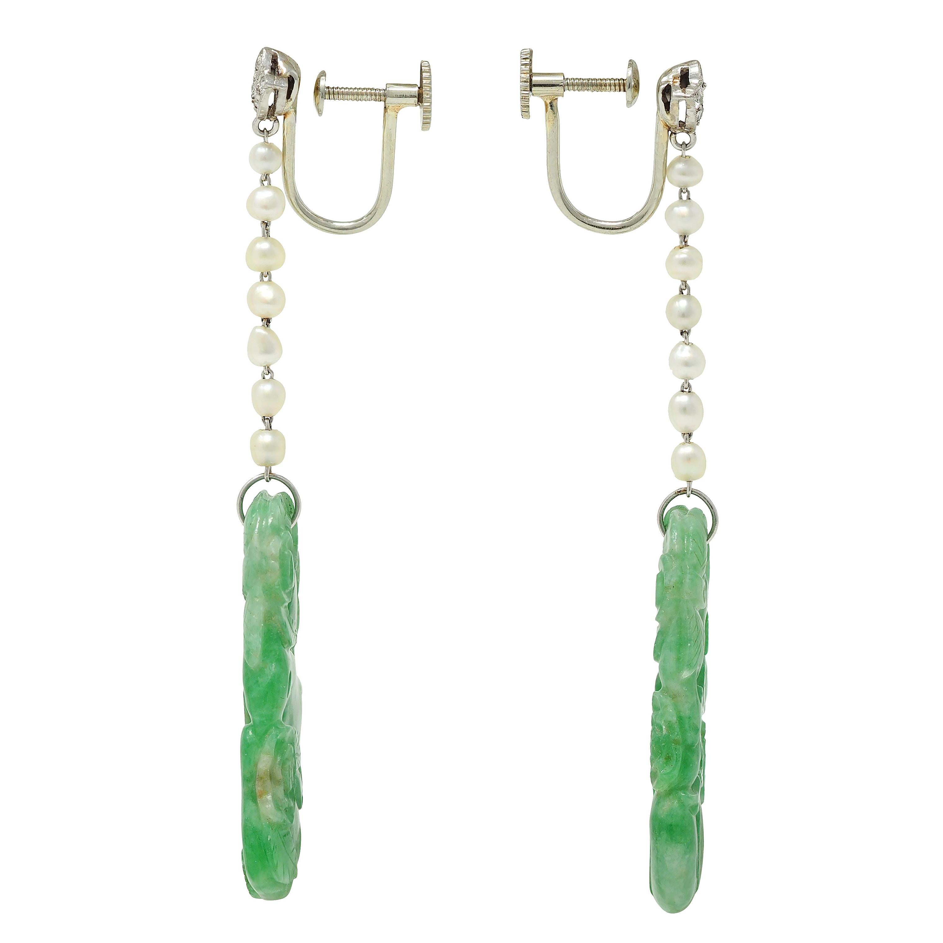 Art Deco Diamond Jade Pearl Platinum Vintage Floral Screw-Back Earrings