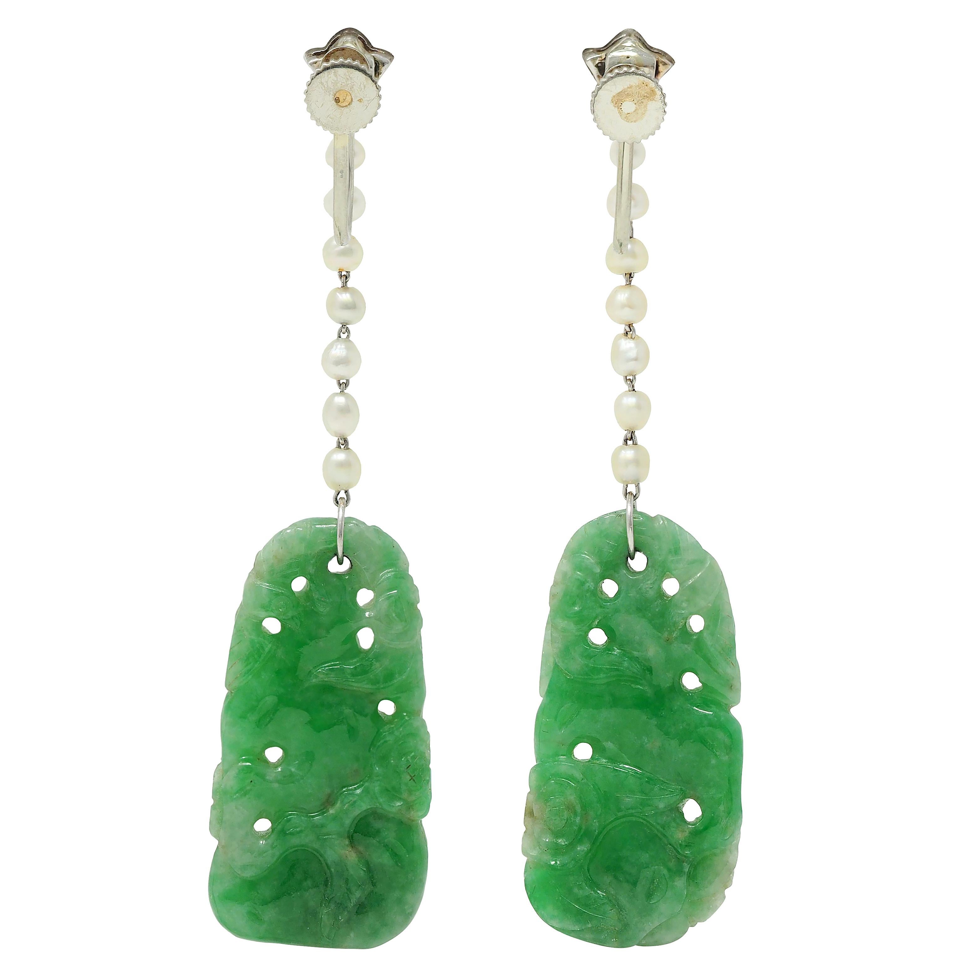 Art Deco Diamond Jade Pearl Platinum Vintage Floral Screw-Back Earrings