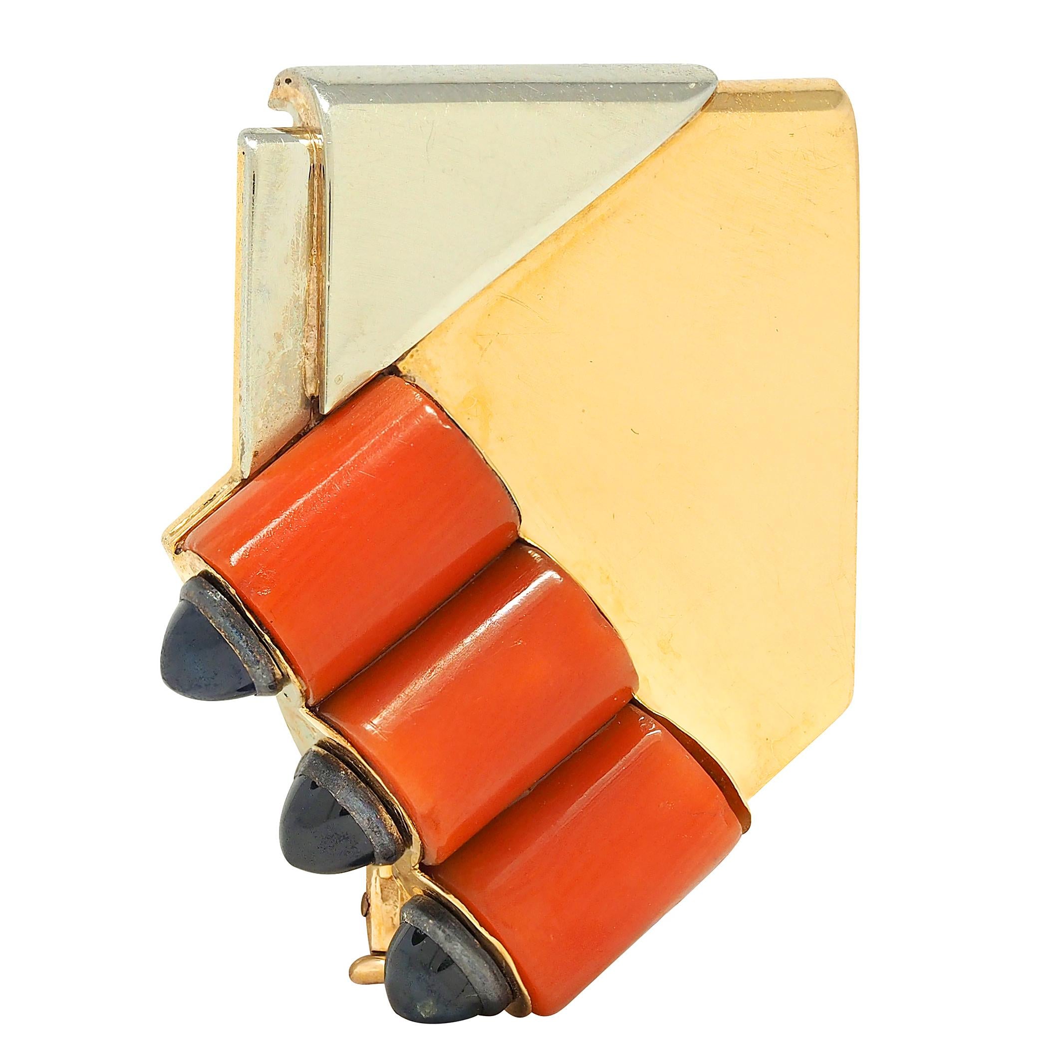Mauboussin Paris French Retro Sapphire Coral 18 Karat Gold Vintage Bullet Brooch