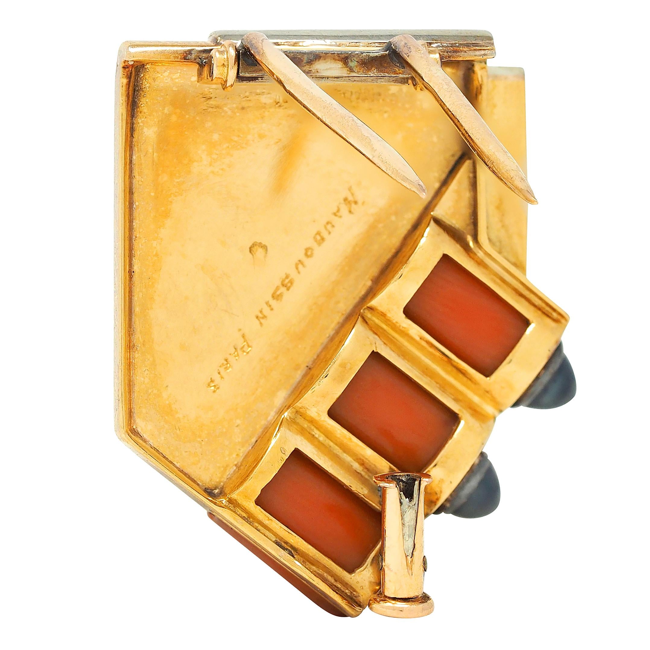 Mauboussin Paris French Retro Sapphire Coral 18 Karat Gold Vintage Bullet Brooch