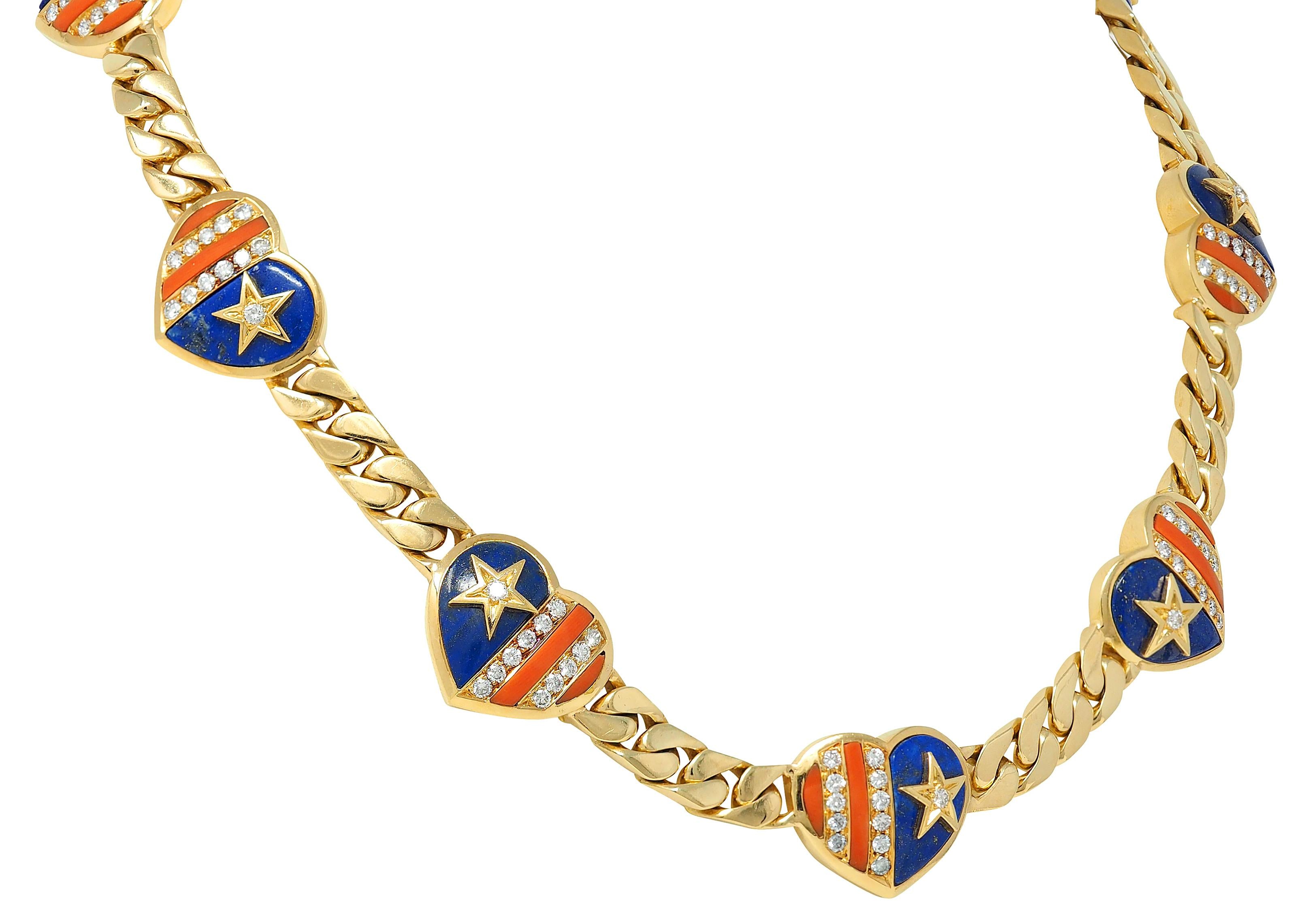 Bulgari 1972 Coral Lapis Diamond 18K Gold Vintage Stars & Stripes Heart Necklace
