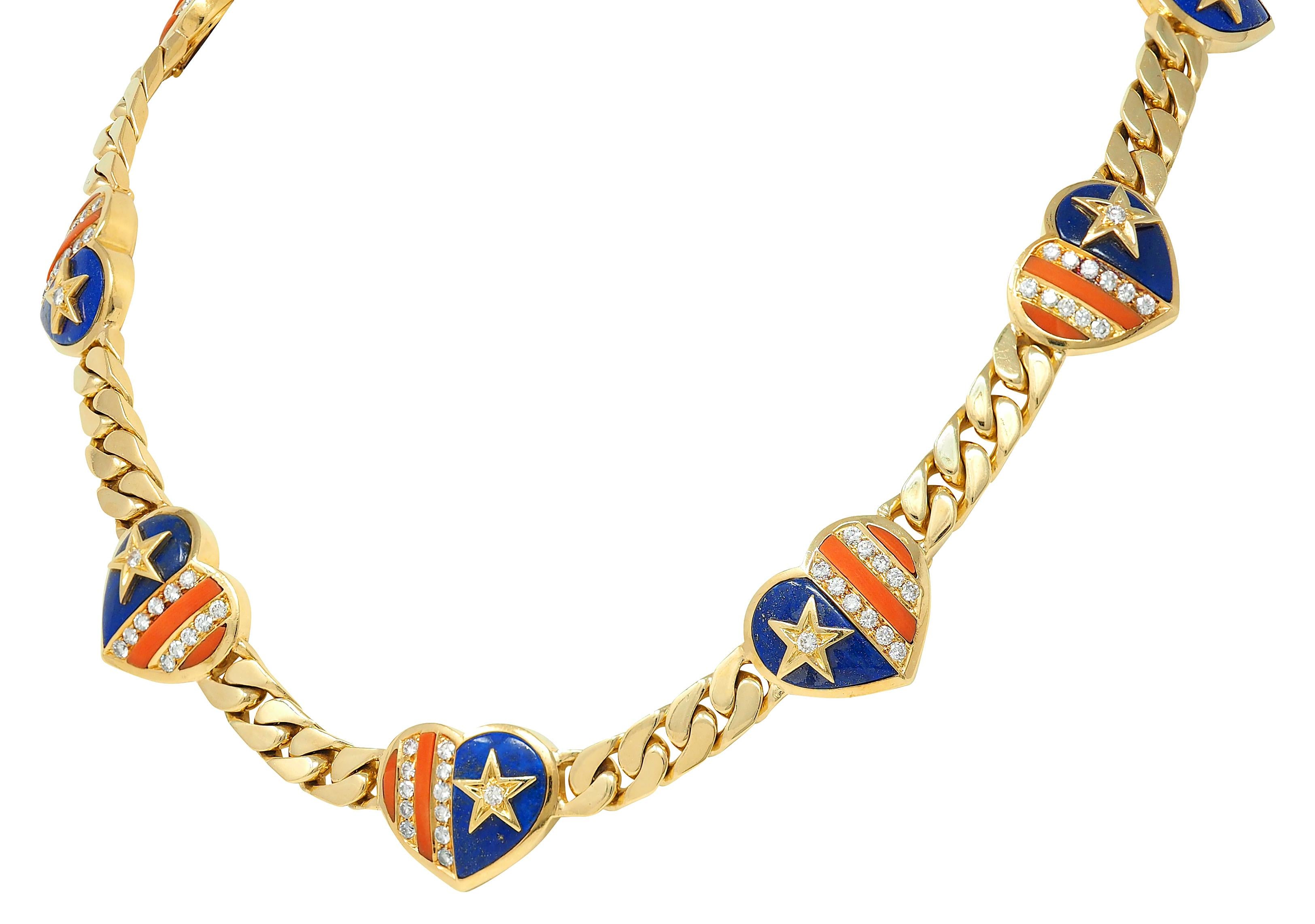 Bulgari 1972 Coral Lapis Diamond 18K Gold Vintage Stars & Stripes Heart Necklace