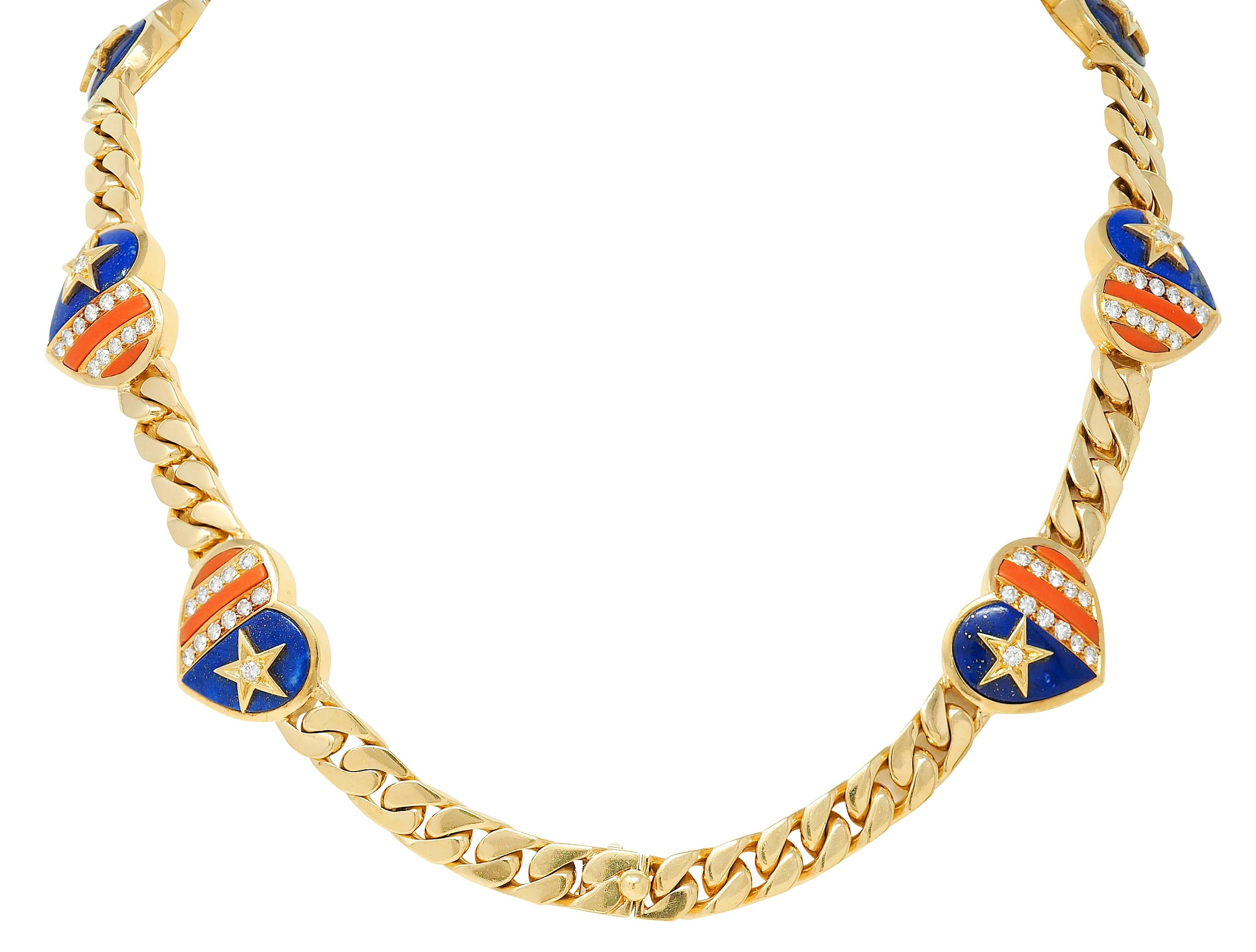 Bulgari 1972 Coral Lapis Diamond 18K Gold Vintage Stars & Stripes Heart Necklace
