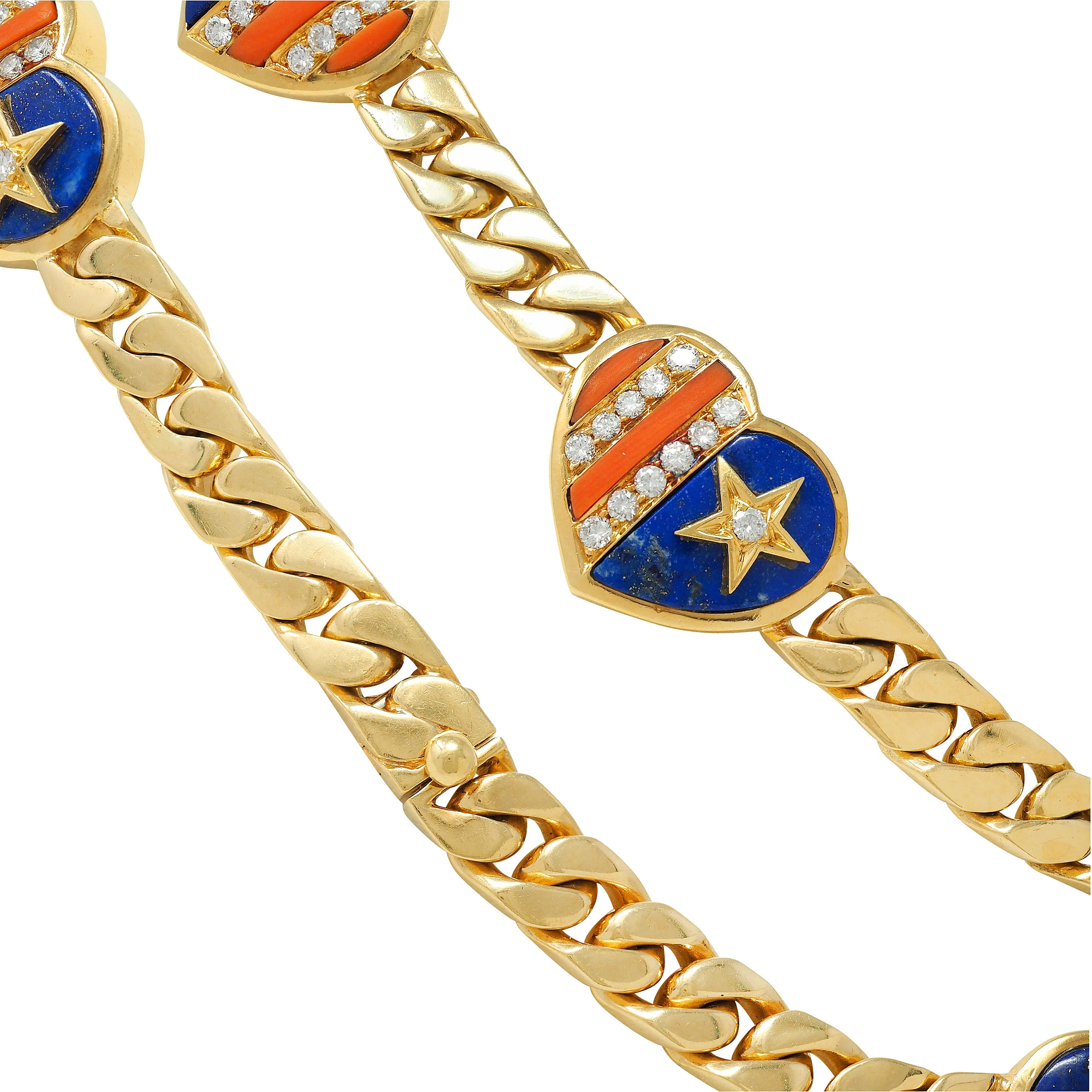 Bulgari 1972 Coral Lapis Diamond 18K Gold Vintage Stars & Stripes Heart Necklace