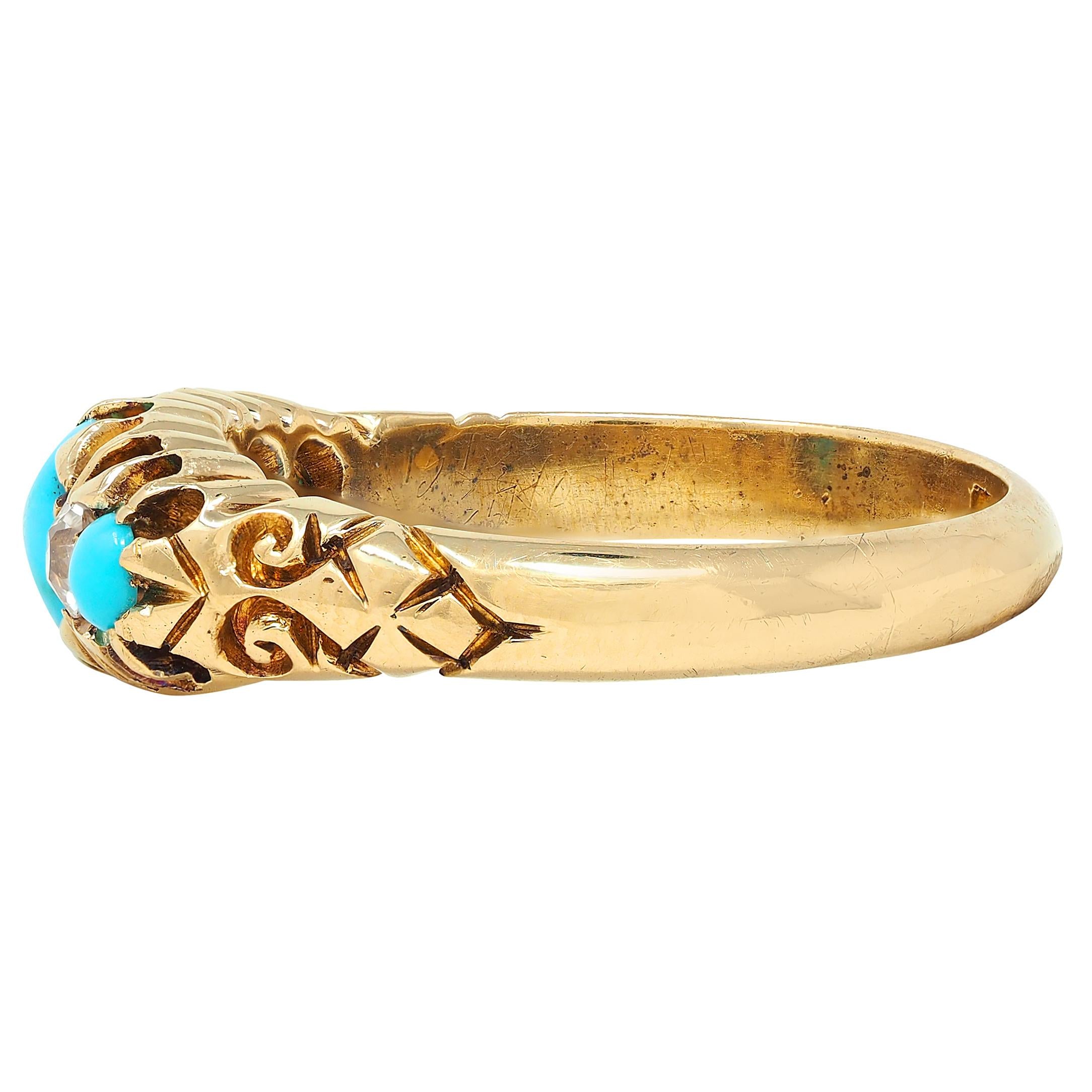 1919 Turquoise Diamond 18 Karat Yellow Gold Antique Five Stone Band Ring