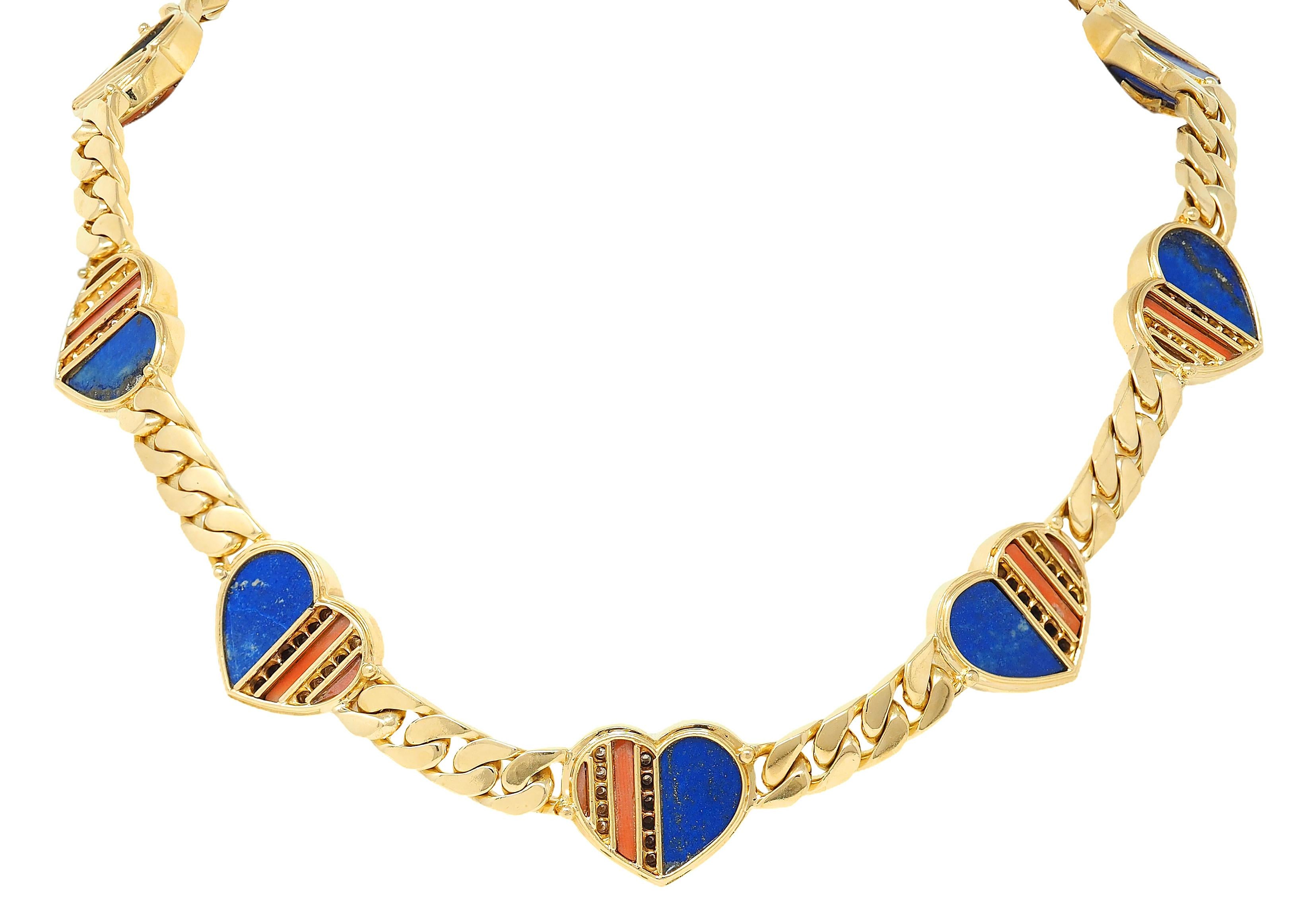 Bulgari 1972 Coral Lapis Diamond 18K Gold Vintage Stars & Stripes Heart Necklace
