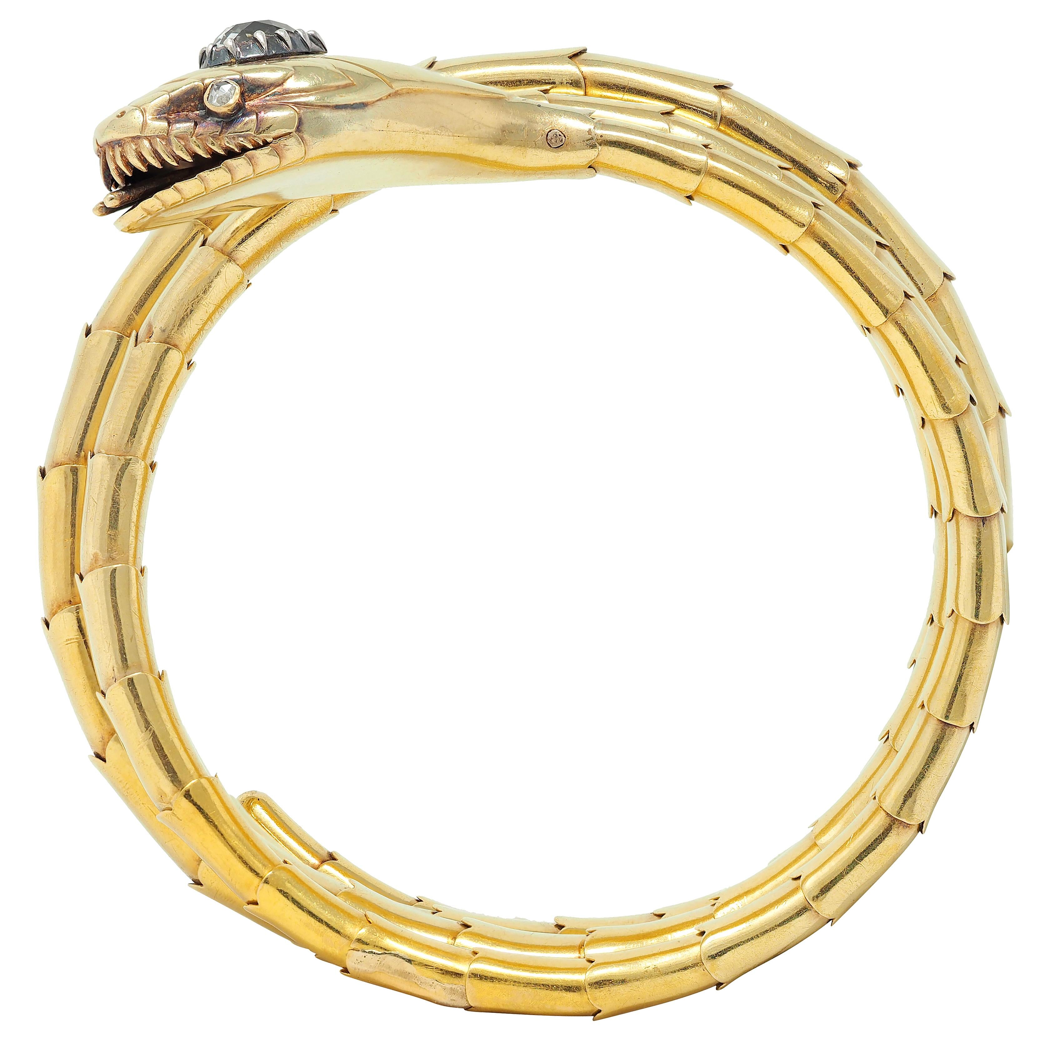 Victorian Diamond 18 Karat Yellow Gold Silver Antique Snake Wrap Bracelet