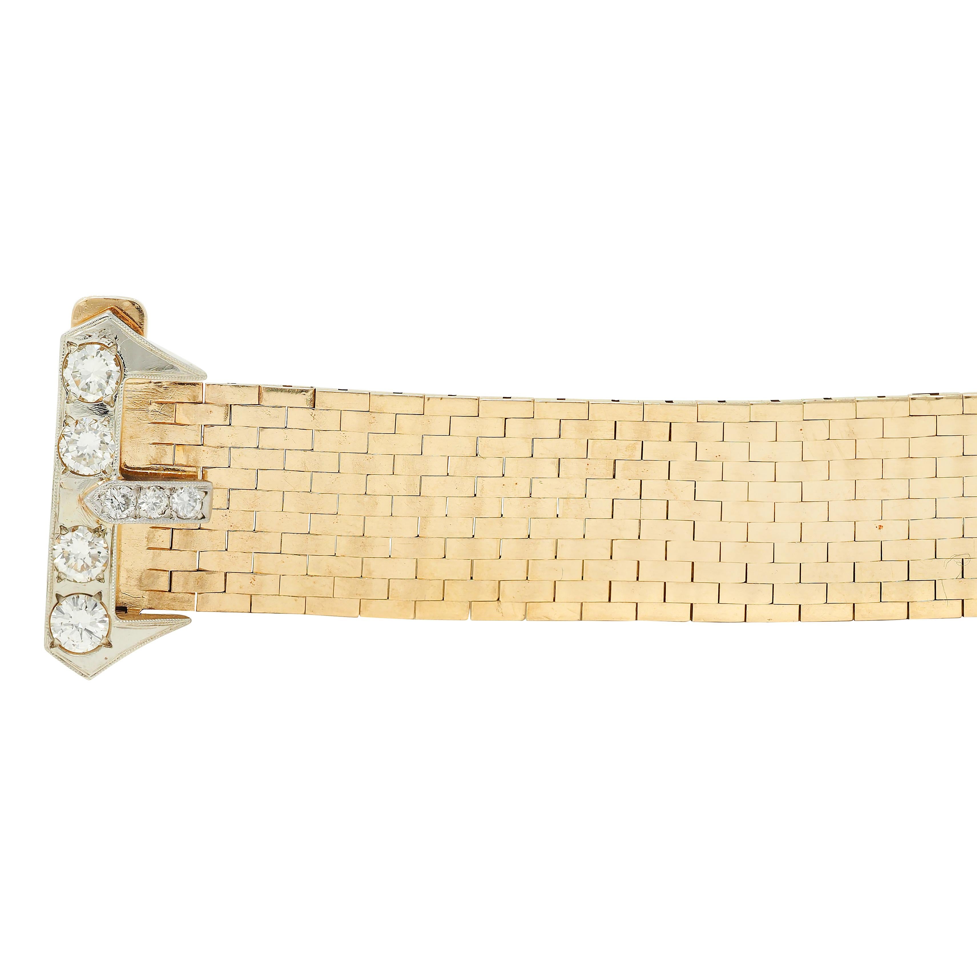 Retro 2.00 CTW Diamond 14 Karat Two-Tone Gold Vintage Mesh Buckle Bracelet
