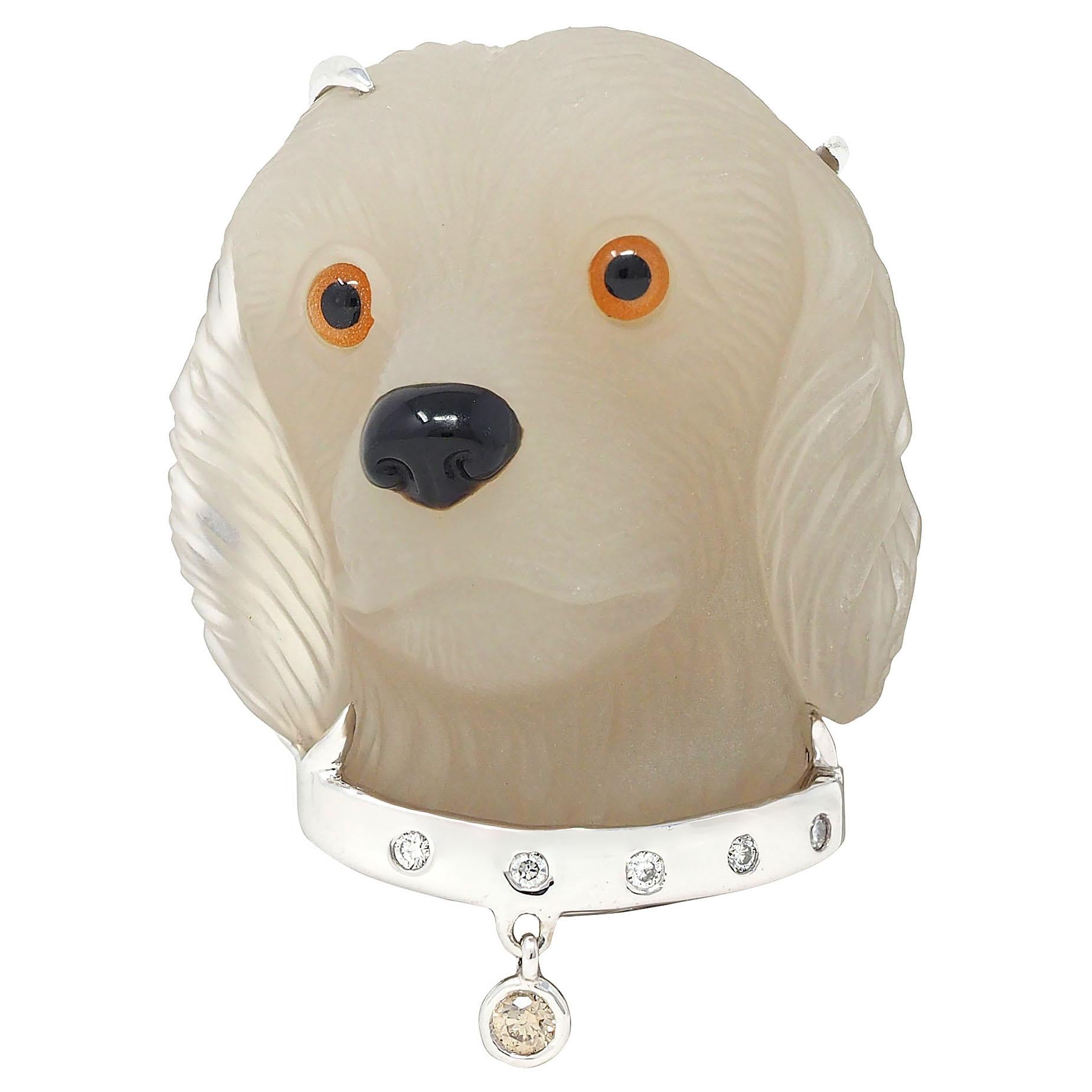 Contemporary Diamond Crystal Quartz 18 Karat White Gold Labrador Dog Brooch