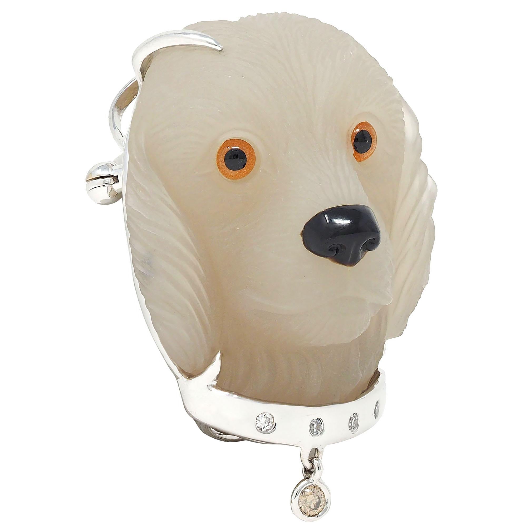 Contemporary Diamond Crystal Quartz 18 Karat White Gold Labrador Dog Brooch