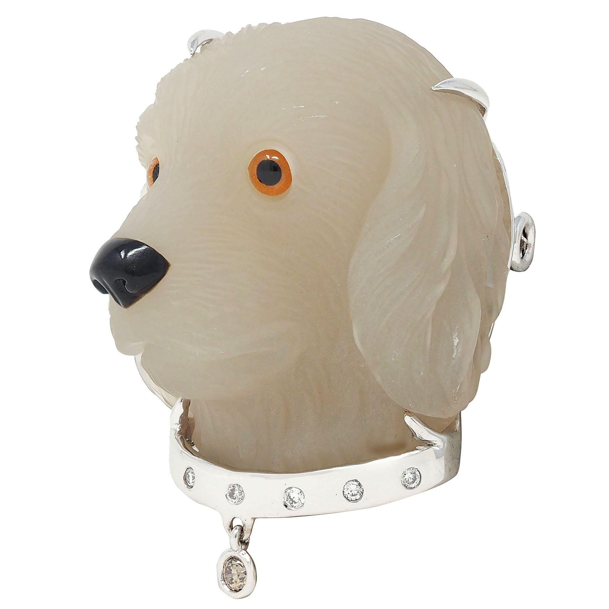 Contemporary Diamond Crystal Quartz 18 Karat White Gold Labrador Dog Brooch