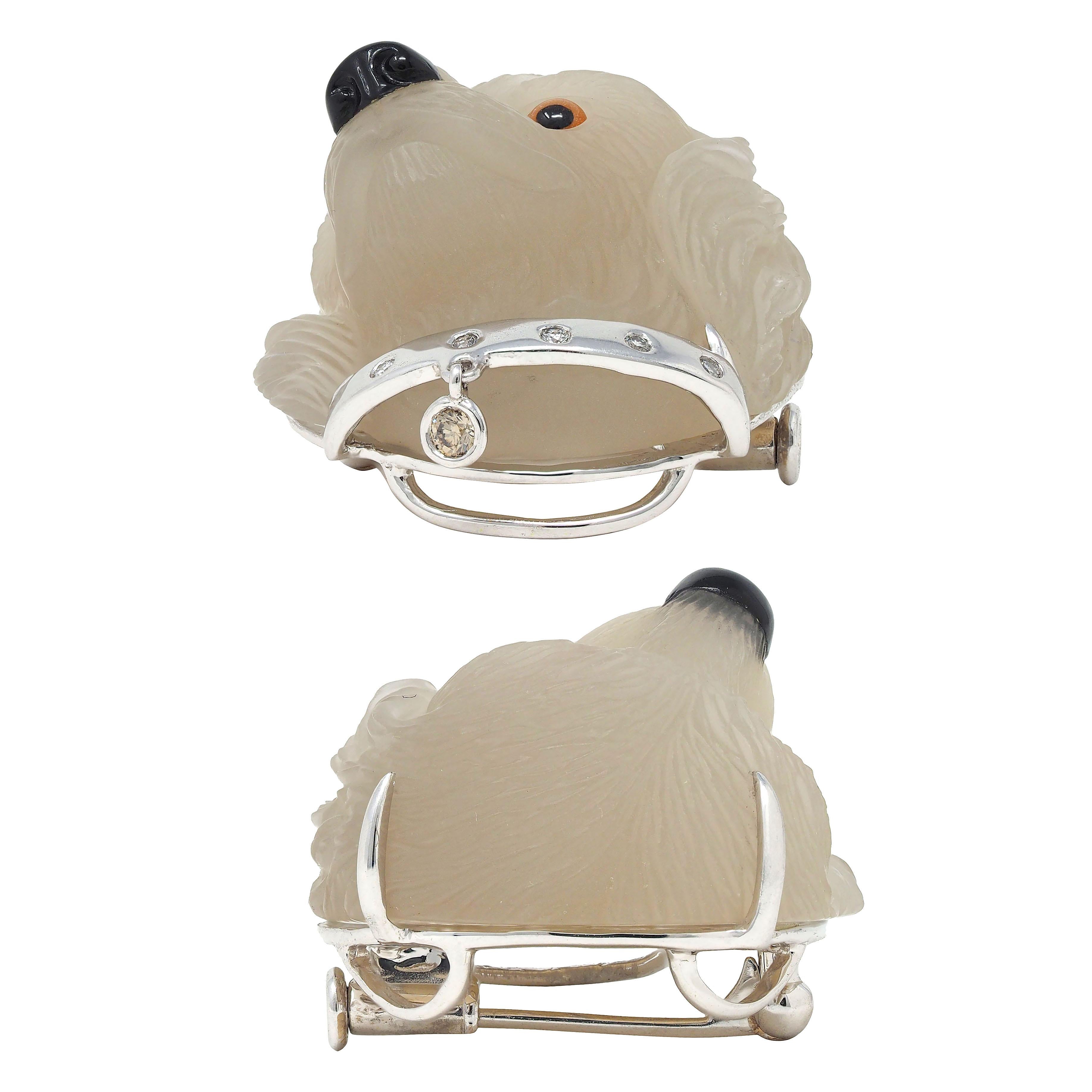 Contemporary Diamond Crystal Quartz 18 Karat White Gold Labrador Dog Brooch