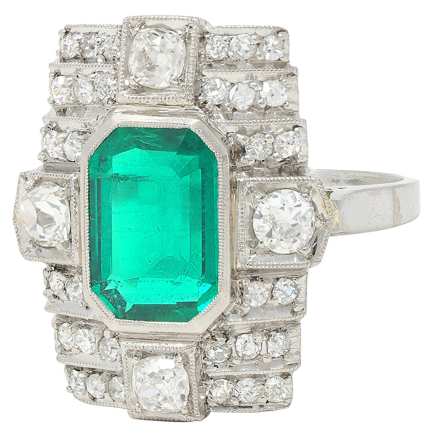 Art Deco 2.25 CTW Colombian Emerald Diamond Platinum Vintage Dinner Ring AGL