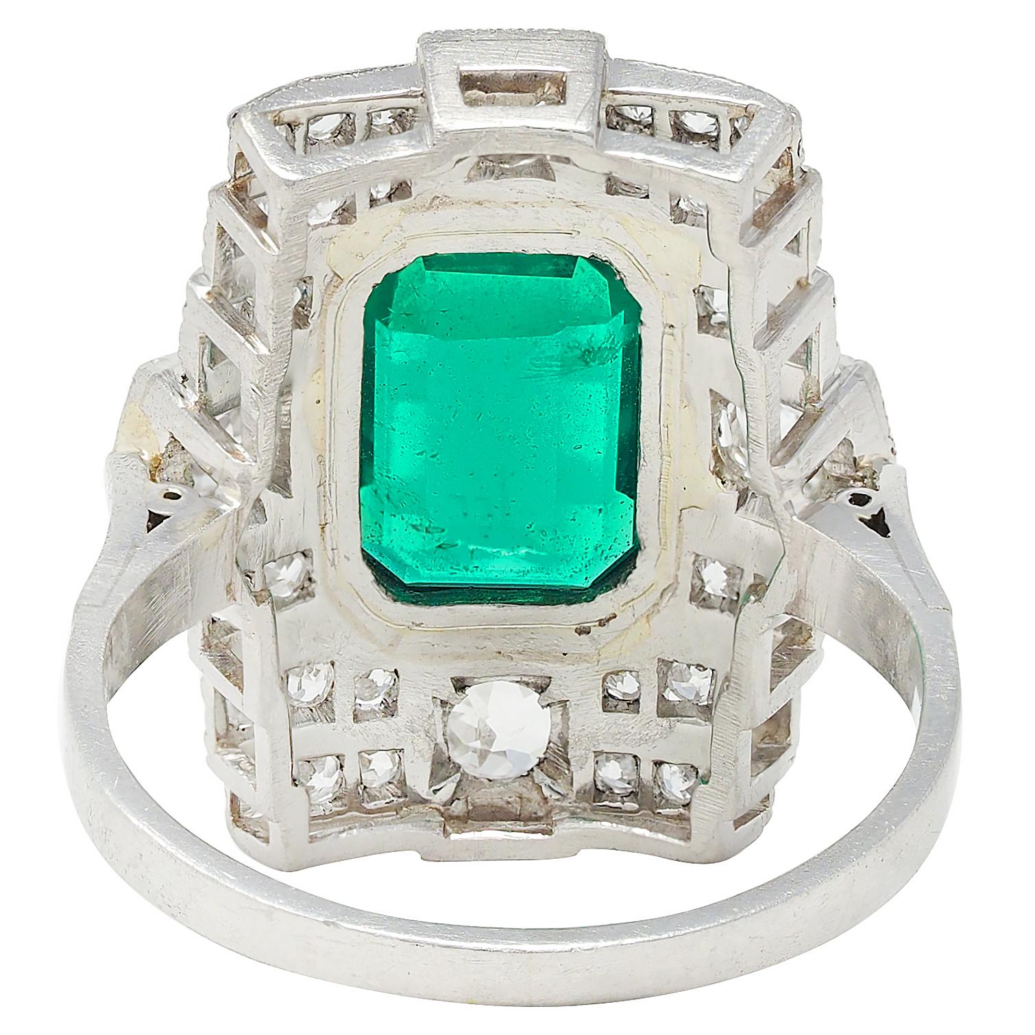 Art Deco 2.25 CTW Colombian Emerald Diamond Platinum Vintage Dinner Ring AGL