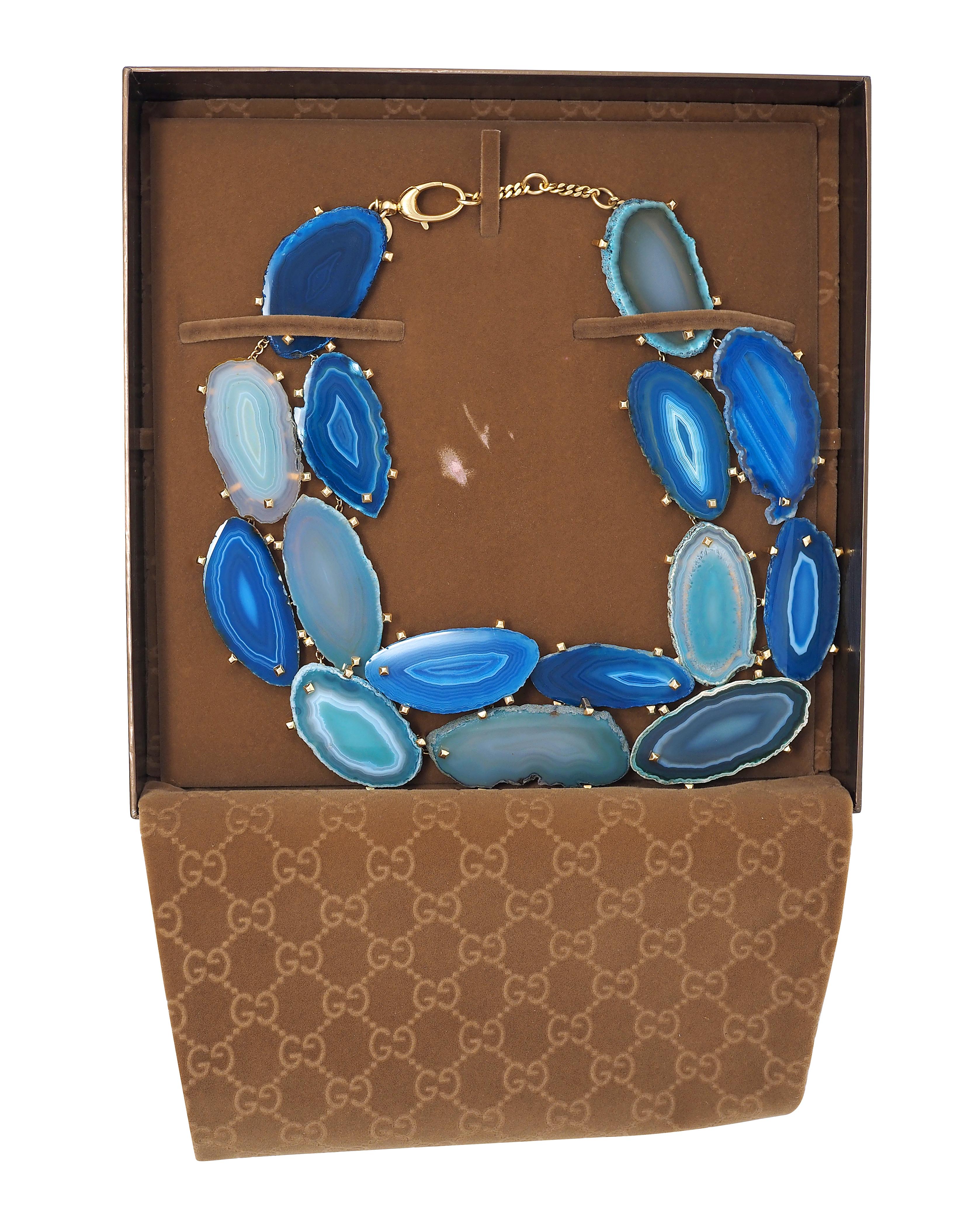 Gucci 2009 Spring Blue Agate 18 Karat Yellow Gold Collar Statement Necklace