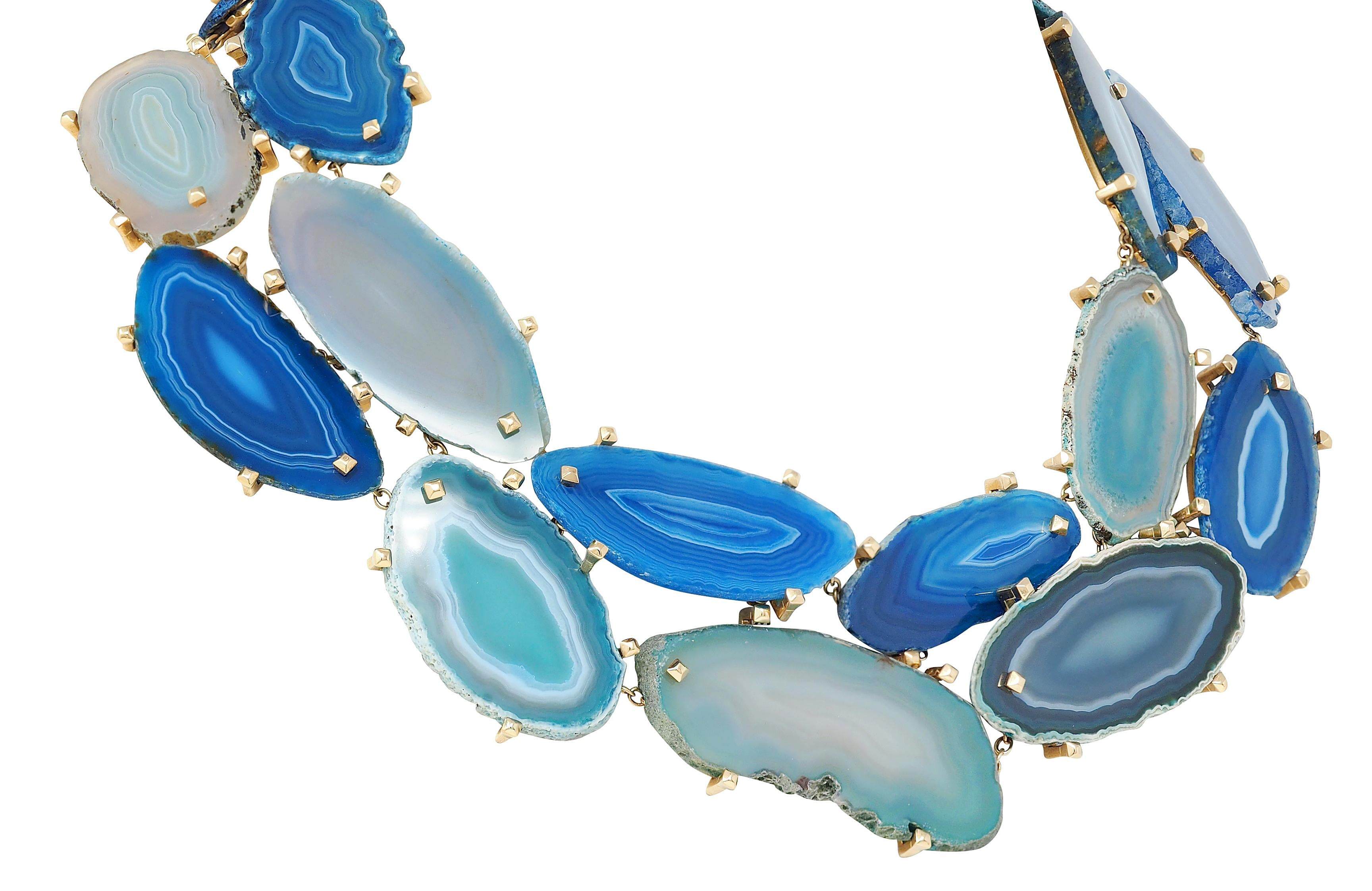 Gucci 2009 Spring Blue Agate 18 Karat Yellow Gold Collar Statement Necklace