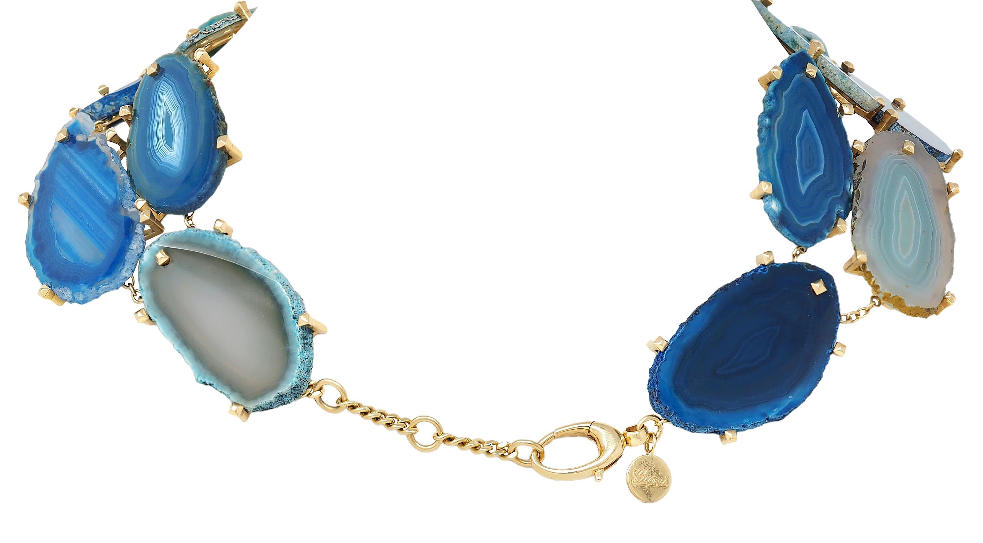 Gucci 2009 Spring Blue Agate 18 Karat Yellow Gold Collar Statement Necklace