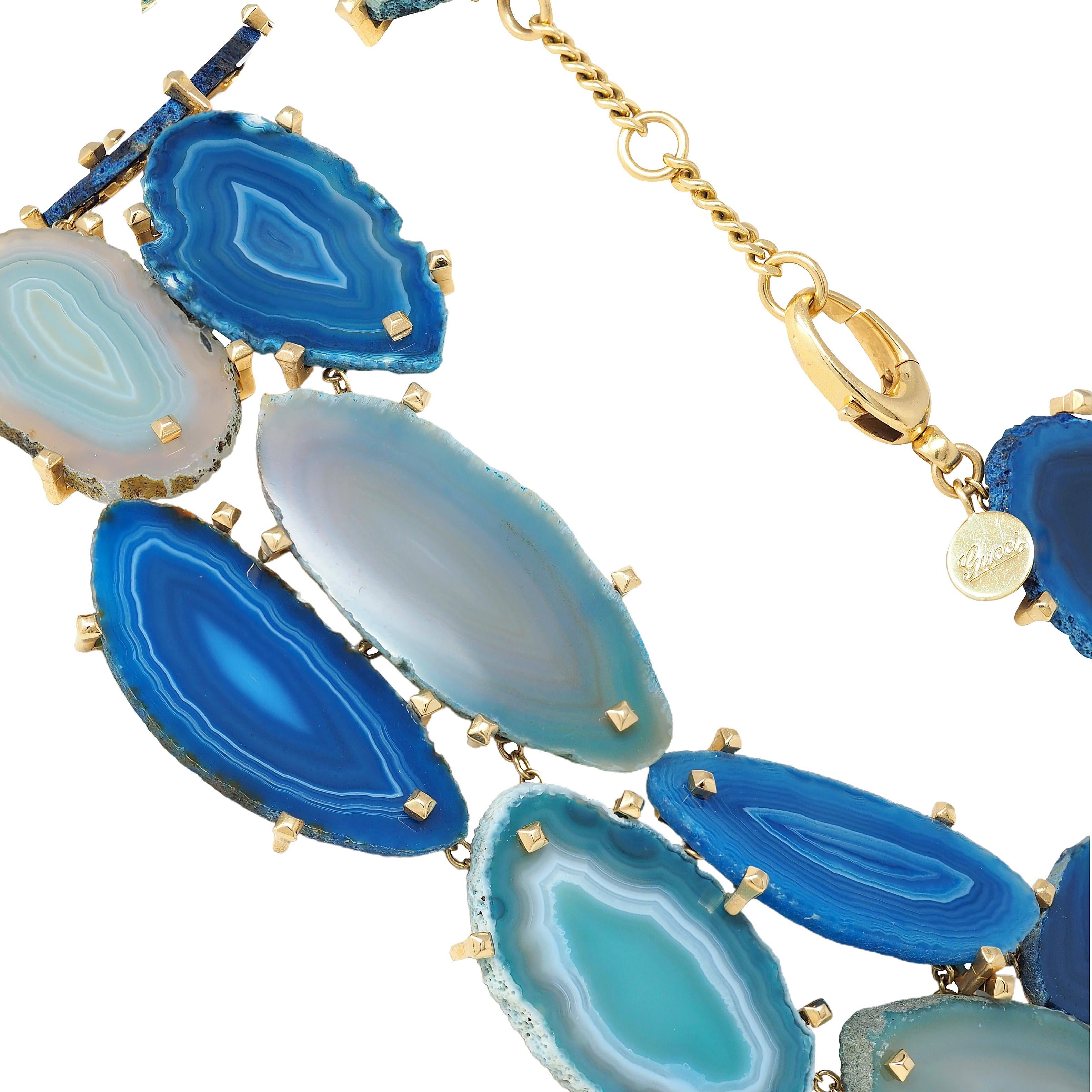 Gucci 2009 Spring Blue Agate 18 Karat Yellow Gold Collar Statement Necklace