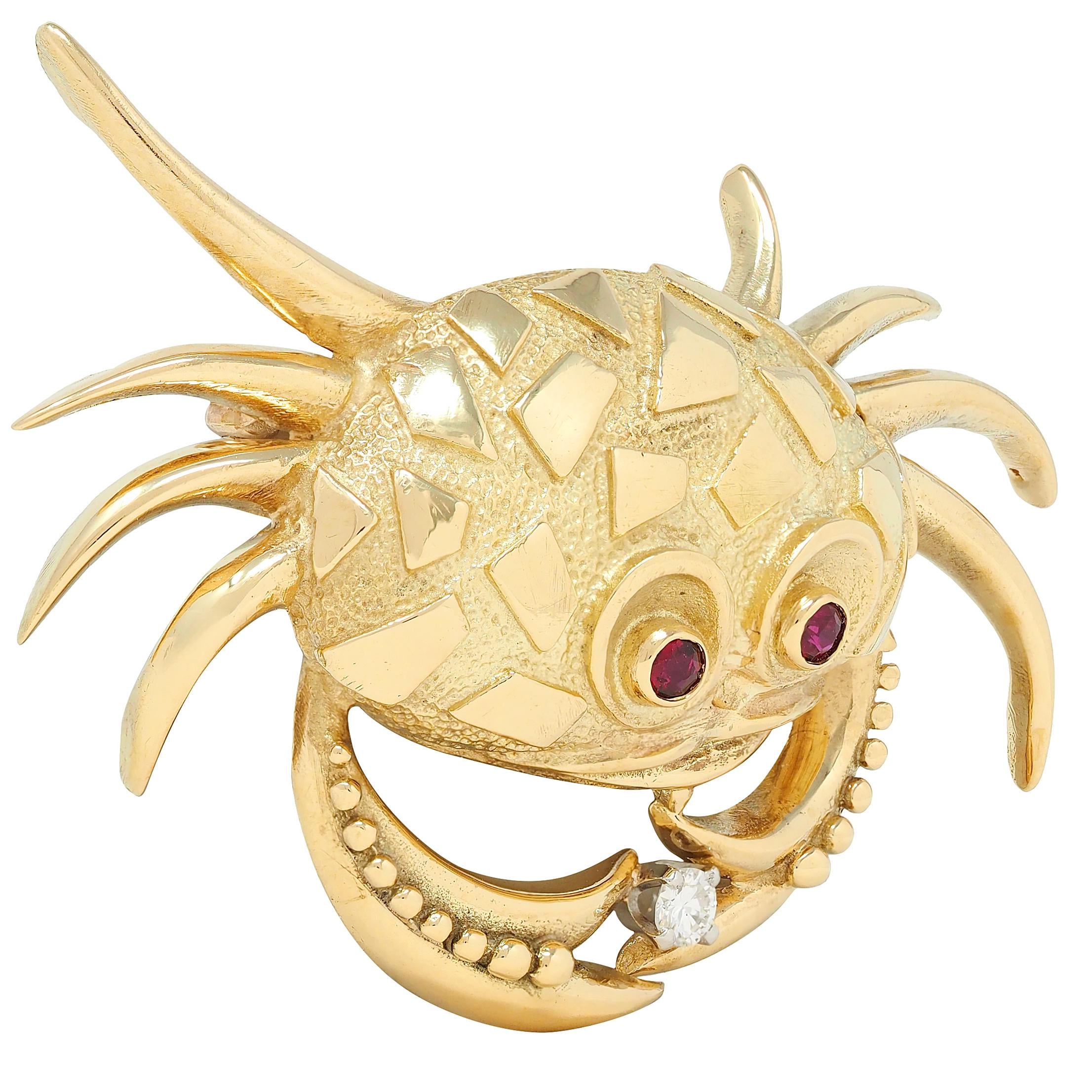 Van Cleef & Arpels 1980's Diamond Ruby 18K Yellow Gold Cancer Zodiac Crab Brooch