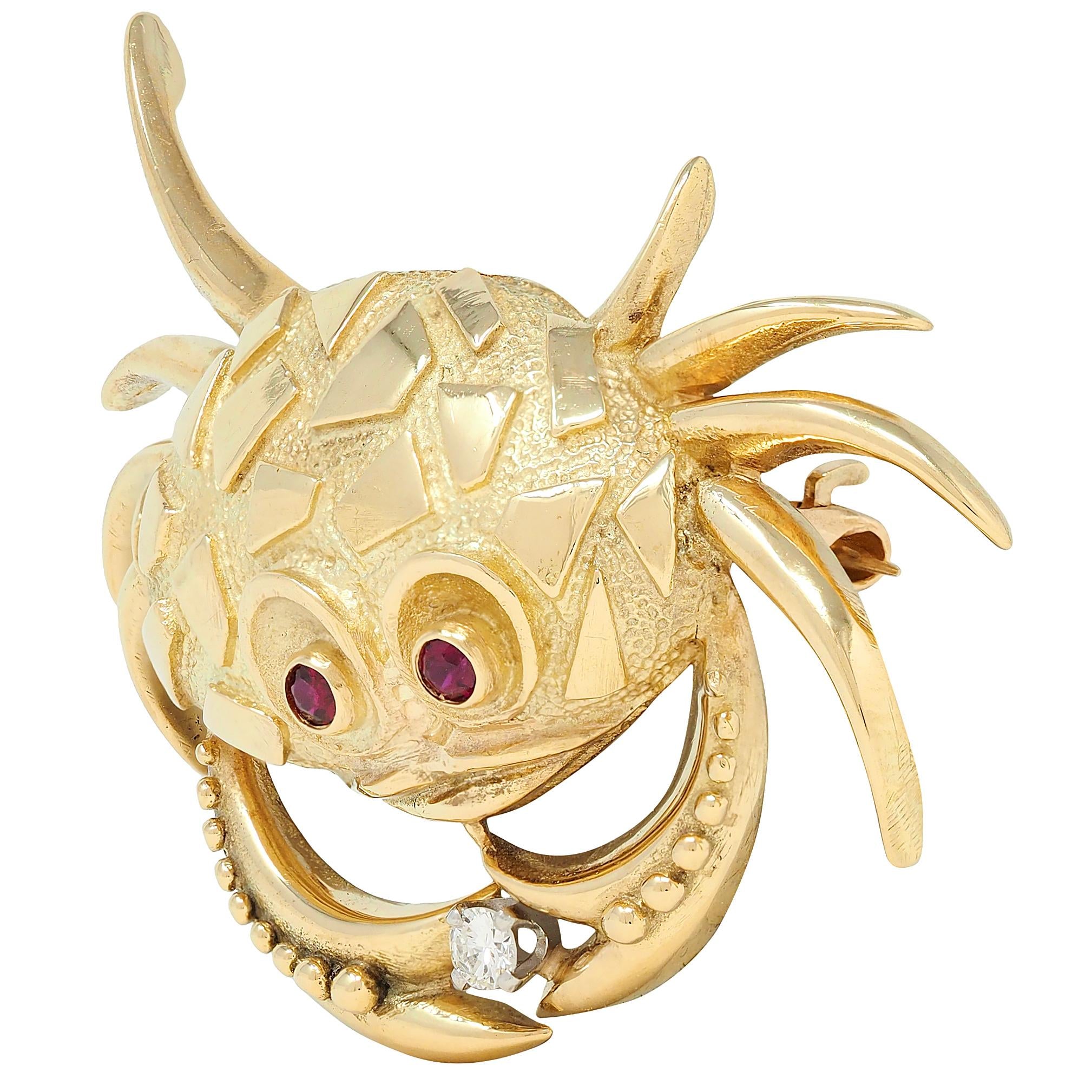 Van Cleef & Arpels 1980's Diamond Ruby 18K Yellow Gold Cancer Zodiac Crab Brooch