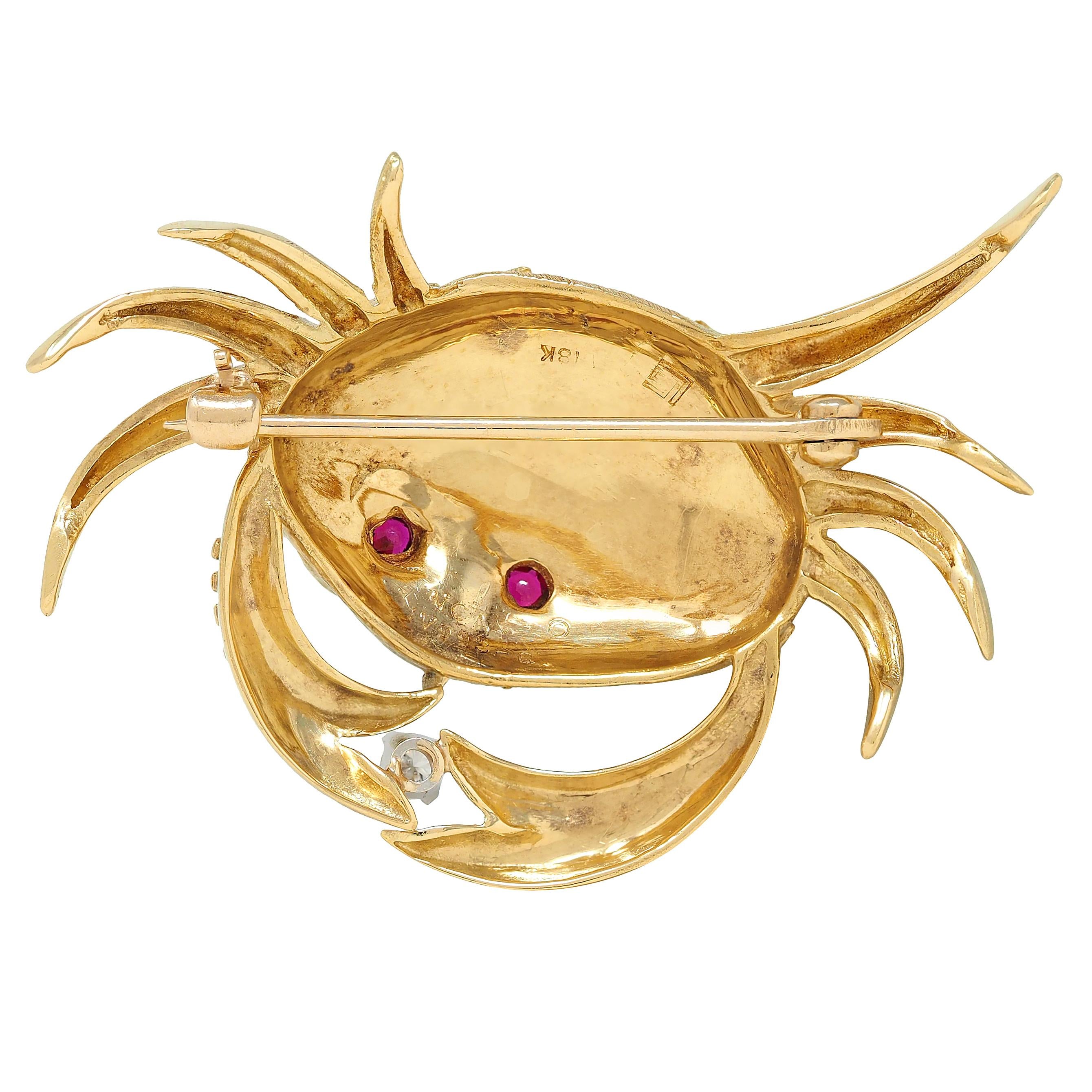 Van Cleef & Arpels 1980's Diamond Ruby 18K Yellow Gold Cancer Zodiac Crab Brooch