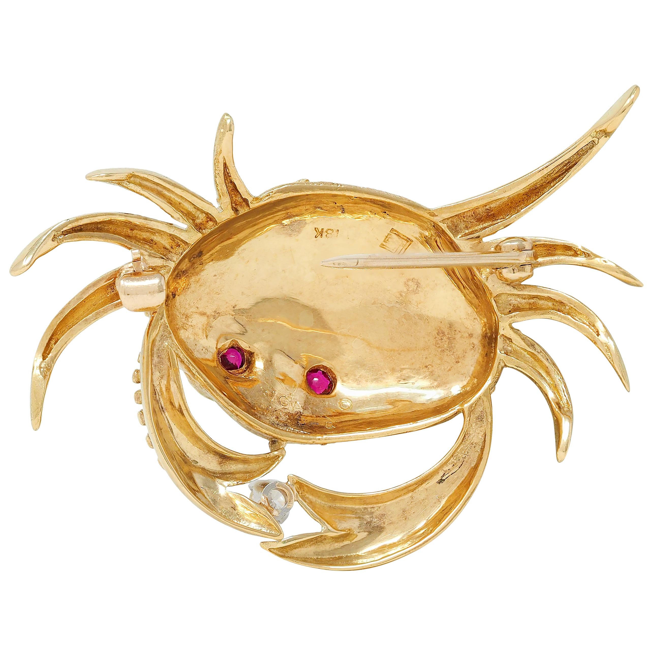 Van Cleef & Arpels 1980's Diamond Ruby 18K Yellow Gold Cancer Zodiac Crab Brooch