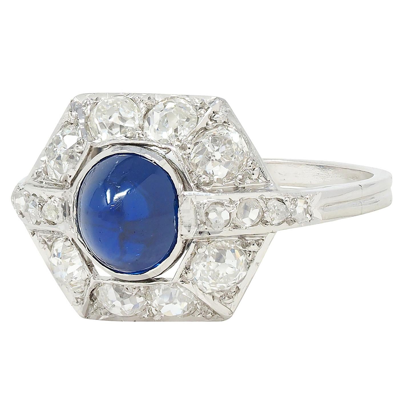 French Art Deco No Heat Sapphire Diamond Platinum Vintage Cluster Ring GIA